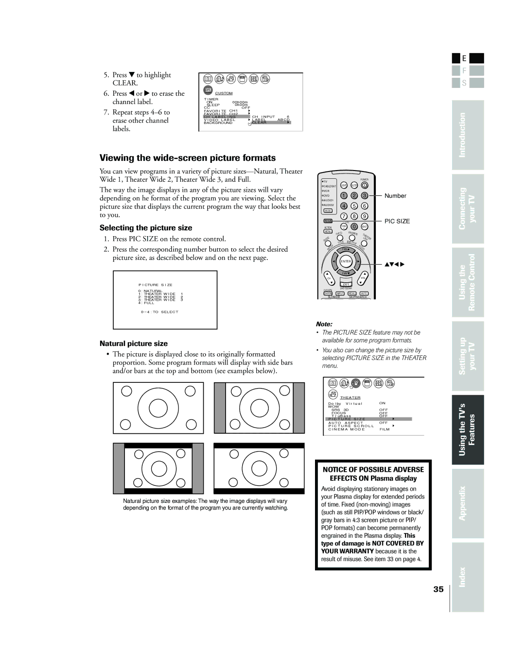 Toshiba 42HP83 owner manual Viewing the wide-screen picture formats, Selecting the picture size, Press z to highlight 