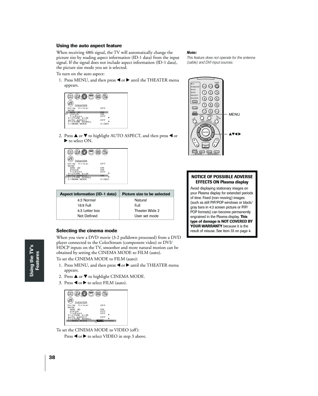 Toshiba 42HP83 owner manual Using the auto aspect feature, Selecting the cinema mode 