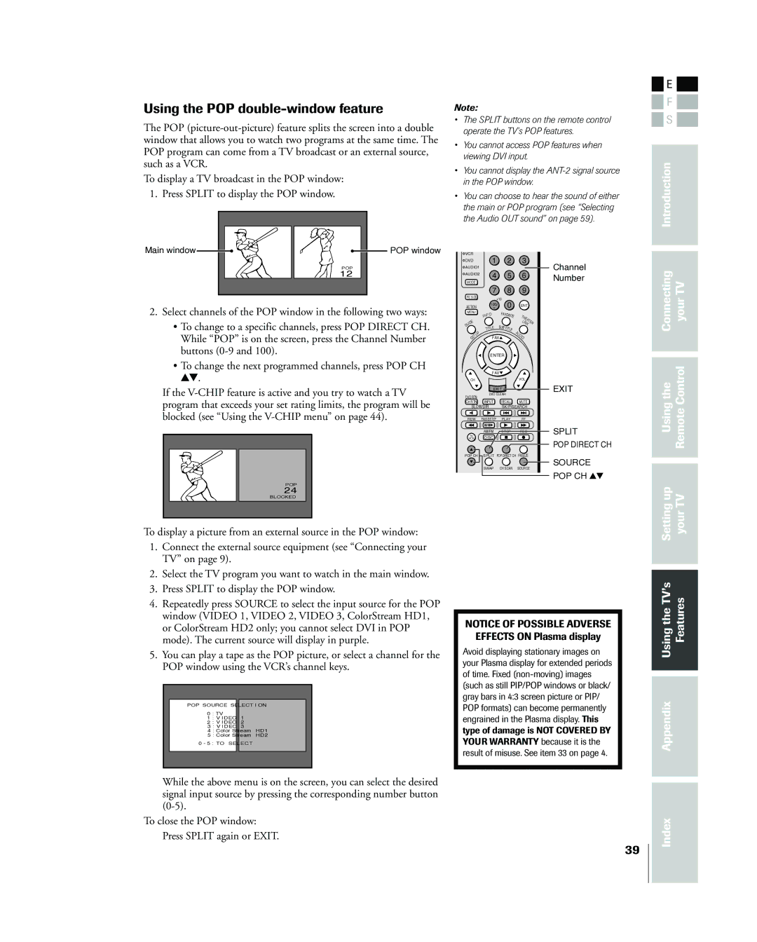 Toshiba 42HP83 owner manual Using the POP double-window feature, Usingthe RemoteControl Settingup YourTV TheTVÕs Features 