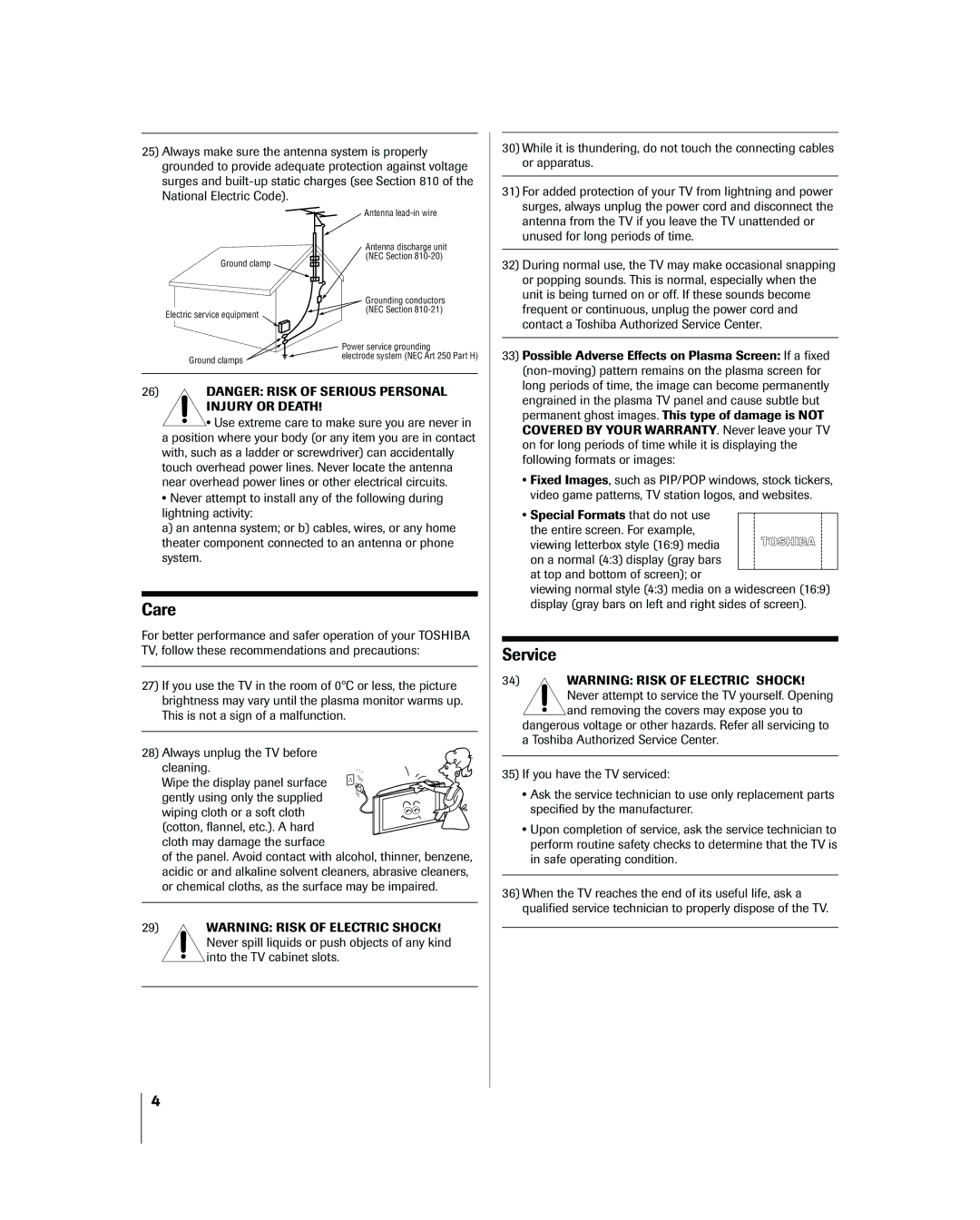 Toshiba 42HP83 owner manual Care, Service 