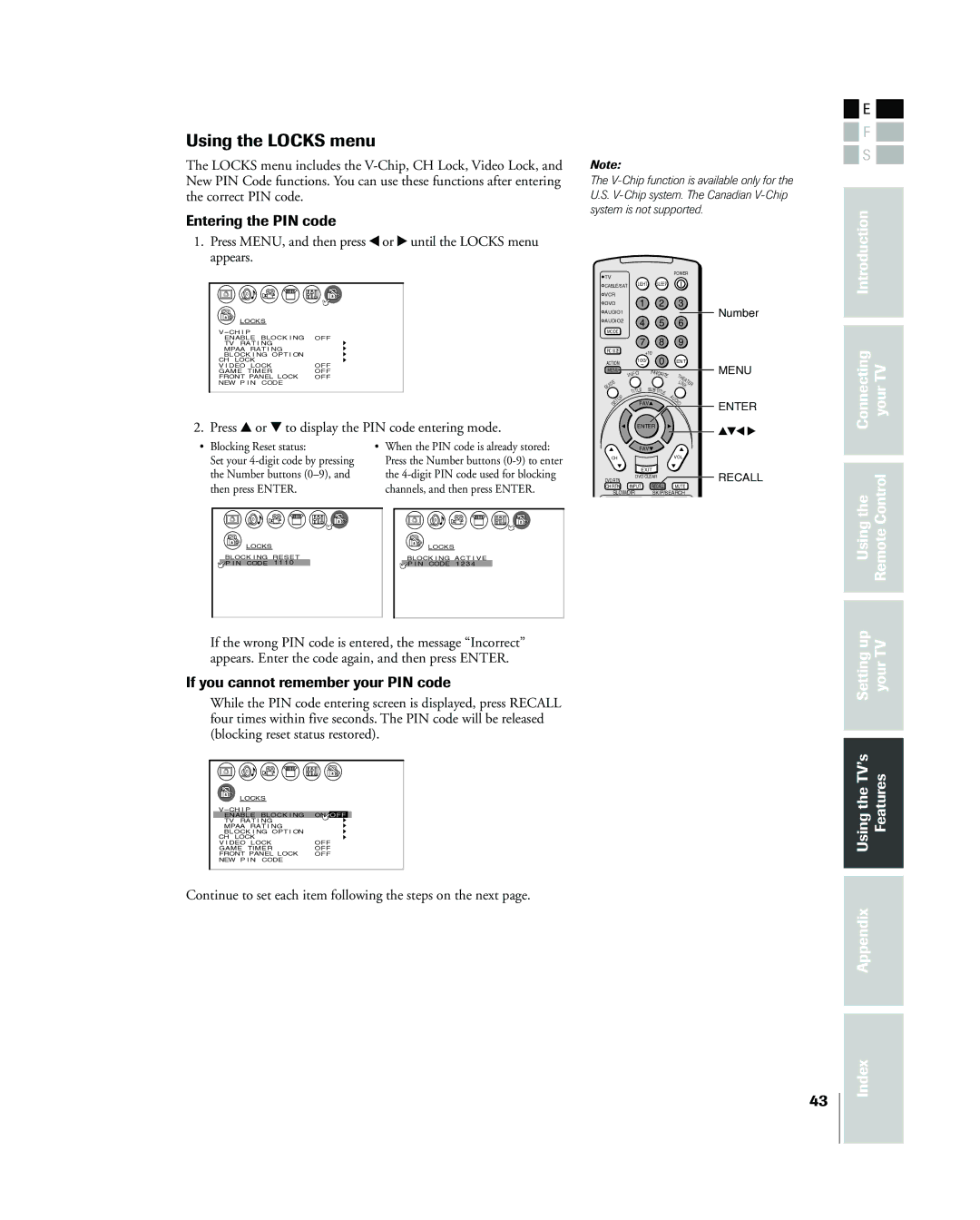 Toshiba 42HP83 owner manual Using the Locks menu, Entering the PIN code, If you cannot remember your PIN code 