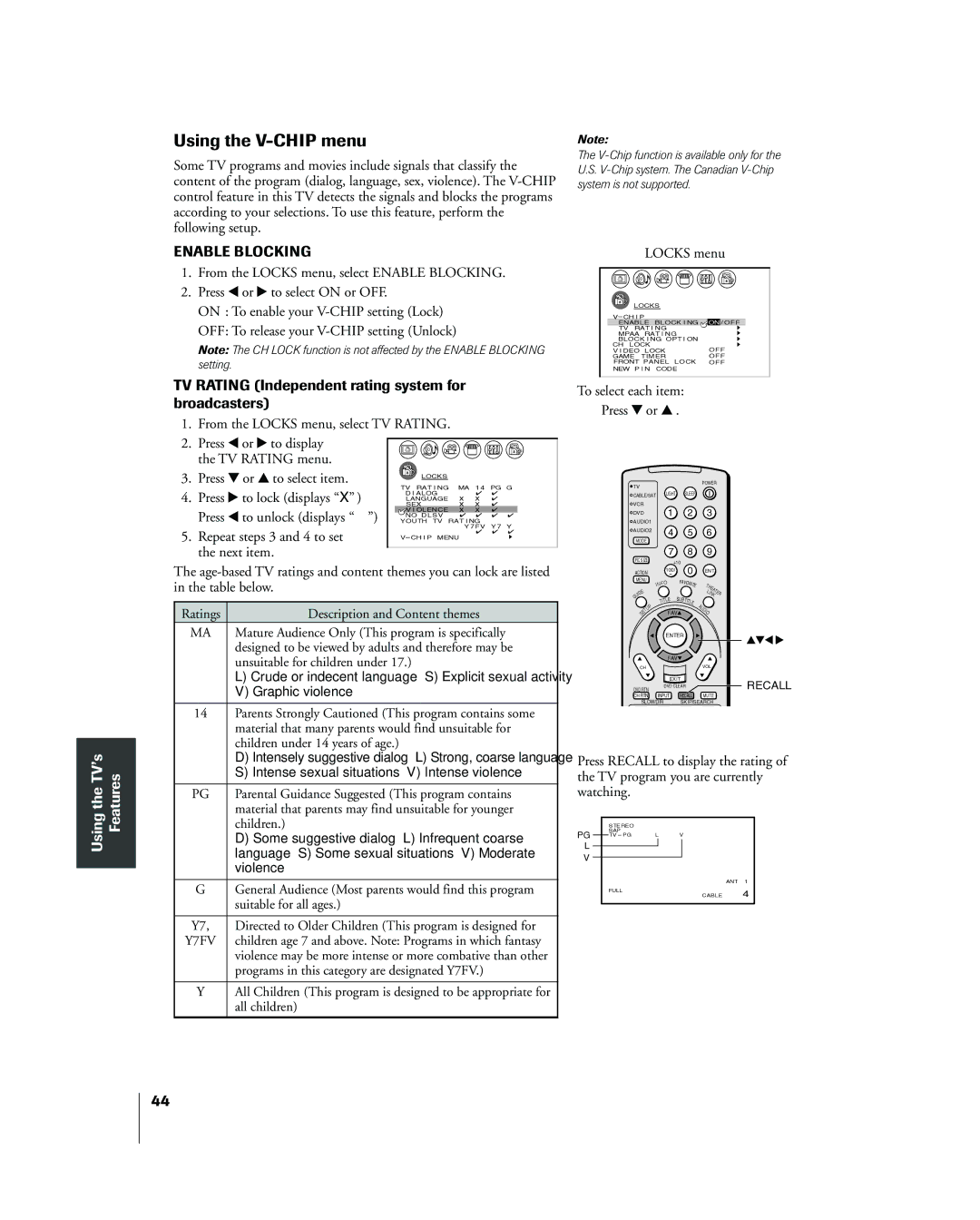 Toshiba 42HP83 owner manual Using the V-CHIP menu, TV Rating Independent rating system for broadcasters, Locks menu 