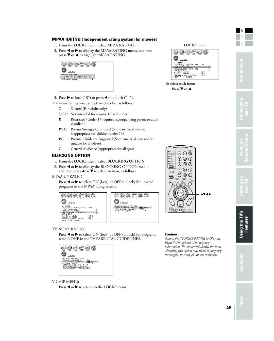 Toshiba 42HP83 Mpaa Rating Independent rating system for movies, TheTVÕs Features, To select each item Press z or y 