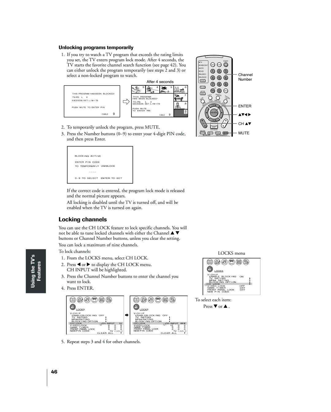 Toshiba 42HP83 Locking channels, Unlocking programs temporarily, Repeat steps 3 and 4 for other channels Locks menu 