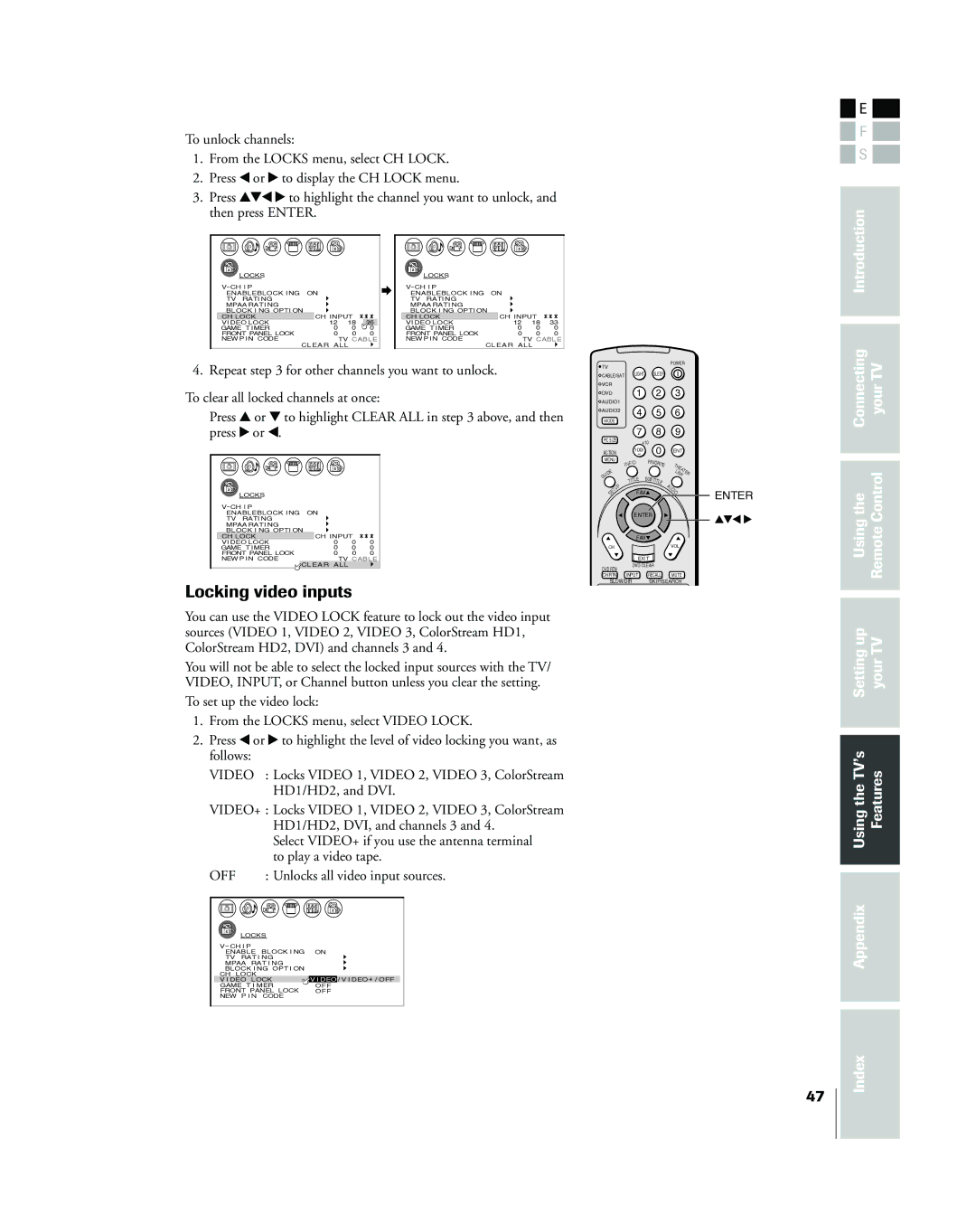 Toshiba 42HP83 owner manual Locking video inputs, Off 