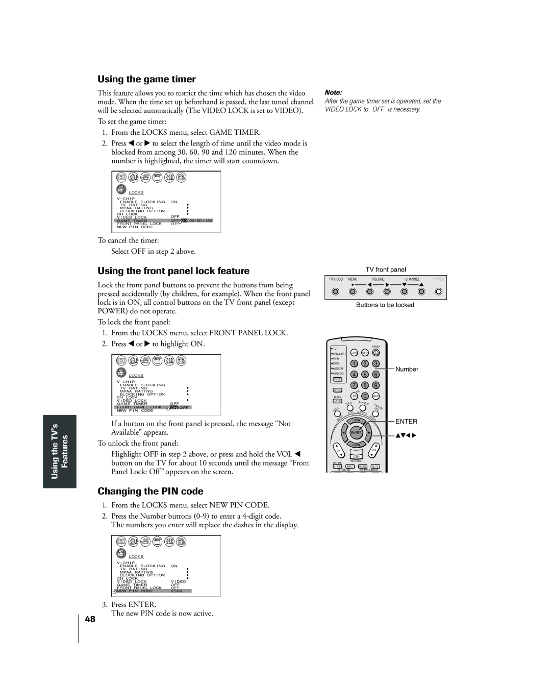 Toshiba 42HP83 owner manual Using the game timer, Using the front panel lock feature, Changing the PIN code 