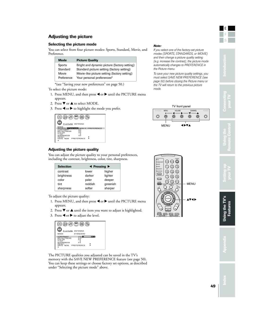 Toshiba 42HP83 owner manual Selecting the picture mode, Usingthe RemoteControl, Adjusting the picture quality 