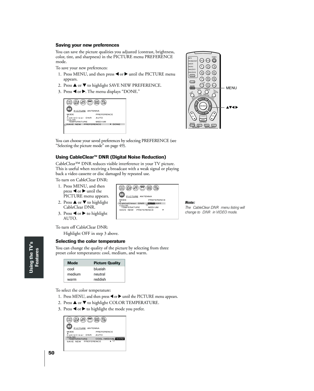 Toshiba 42HP83 Saving your new preferences, Using CableClearª DNR Digital Noise Reduction, Selecting the color temperature 