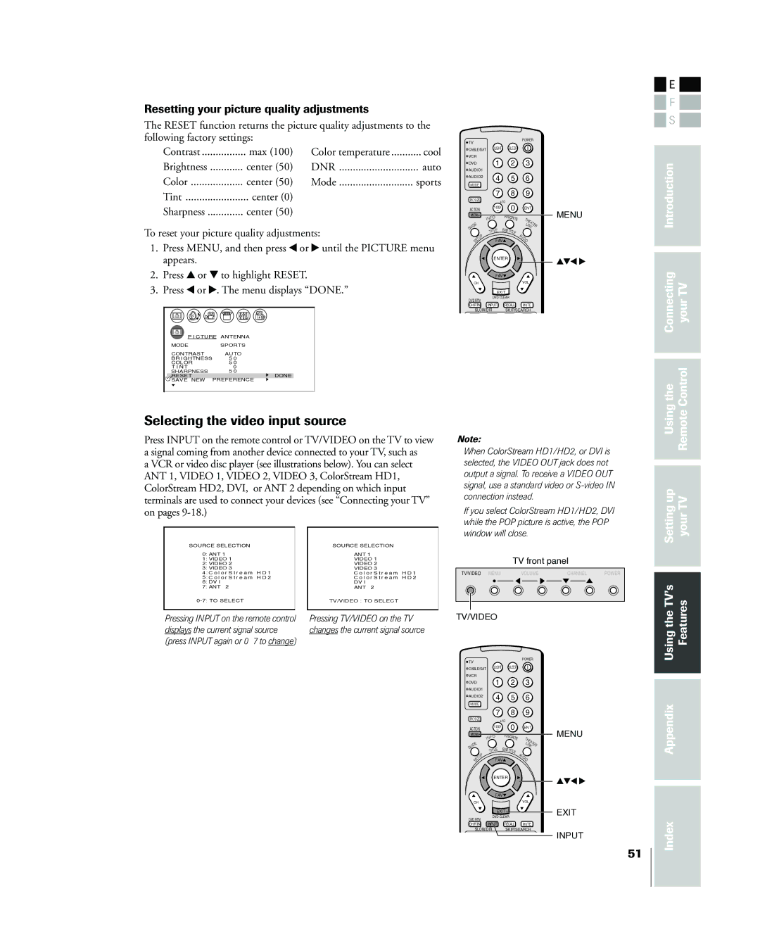 Toshiba 42HP83 owner manual Selecting the video input source, Resetting your picture quality adjustments 