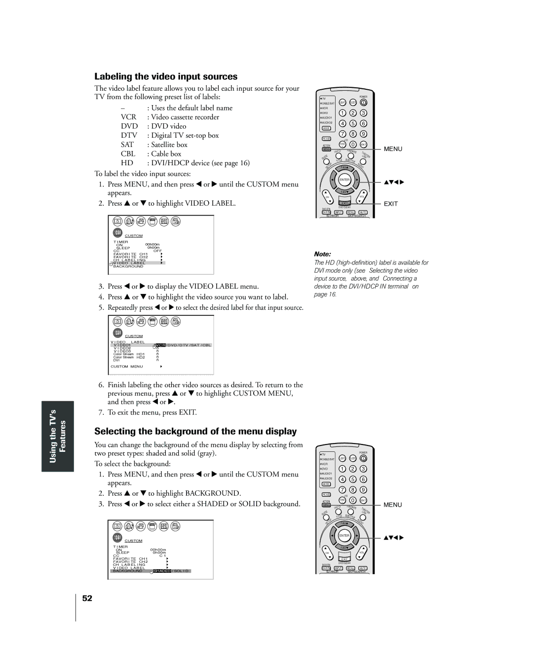 Toshiba 42HP83 owner manual Labeling the video input sources, Selecting the background of the menu display 