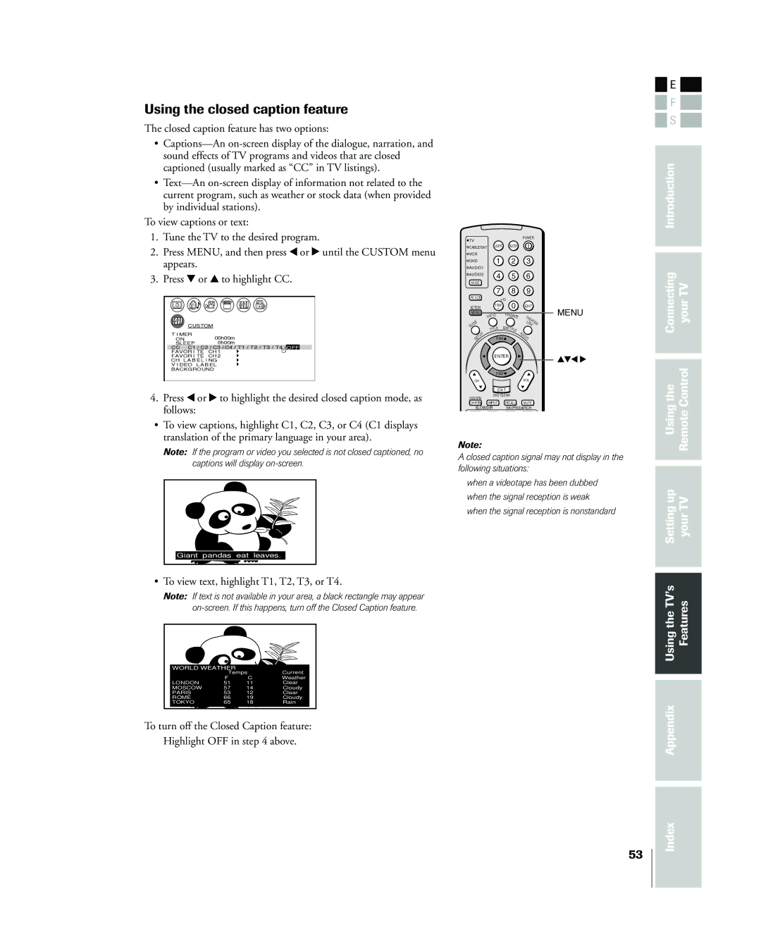 Toshiba 42HP83 owner manual Using the closed caption feature, ¥ To view text, highlight T1, T2, T3, or T4 