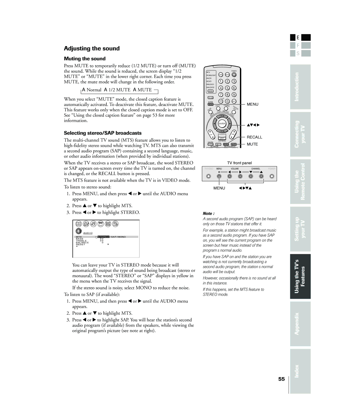 Toshiba 42HP83 owner manual Adjusting the sound, Muting the sound, Selecting stereo/SAP broadcasts 