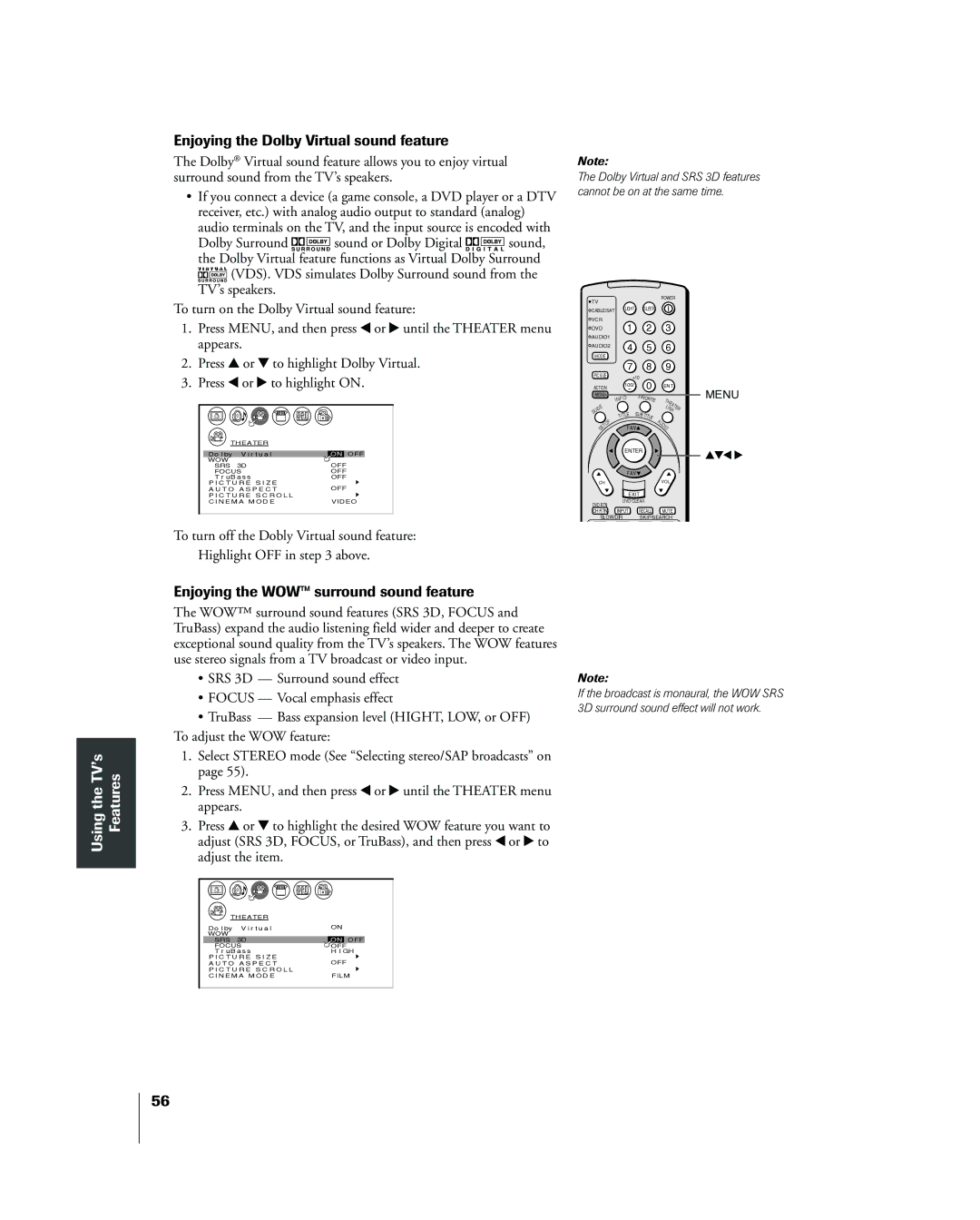 Toshiba 42HP83 owner manual Enjoying the Dolby Virtual sound feature, Enjoying the WOWª surround sound feature 