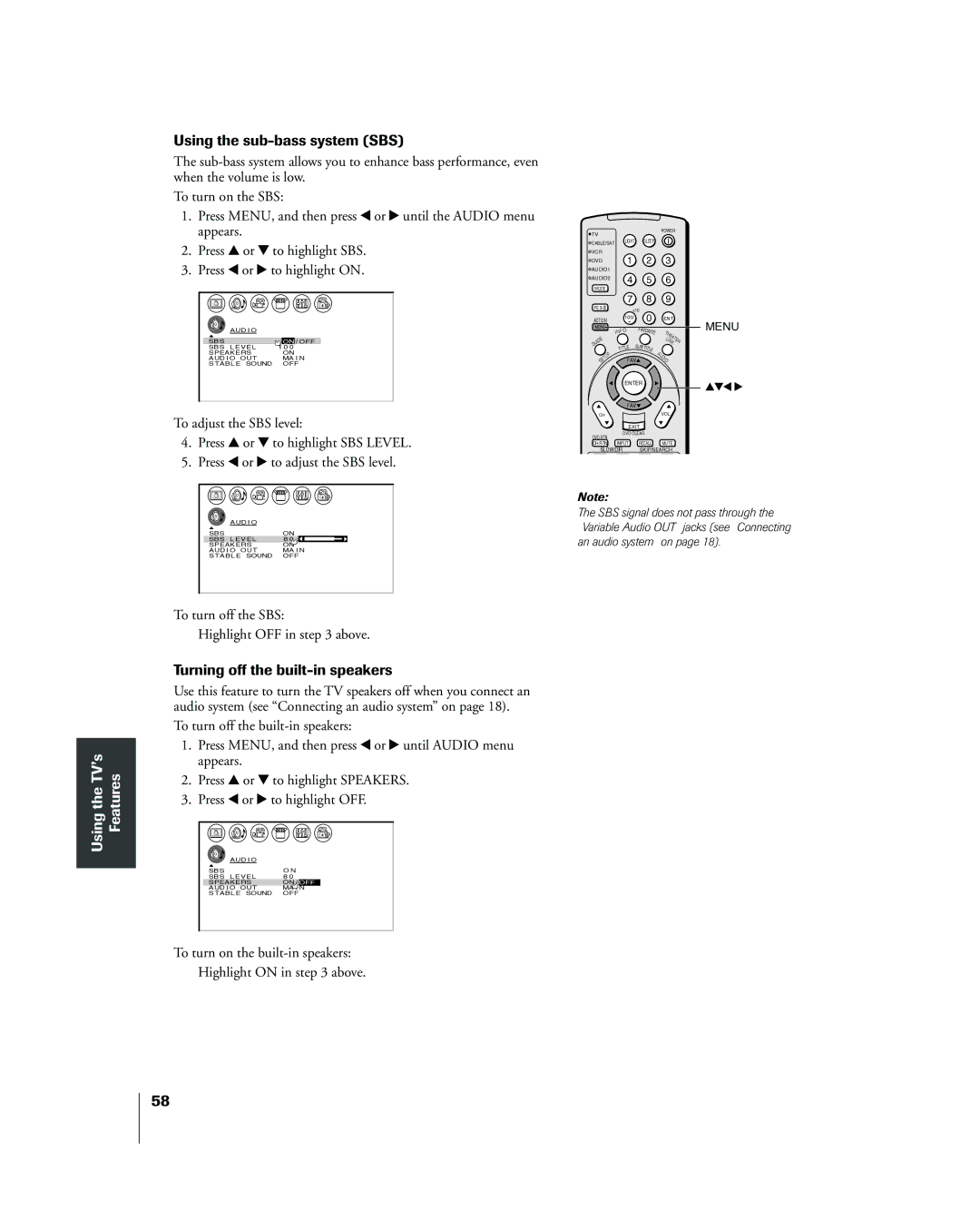 Toshiba 42HP83 owner manual Using the sub-bass system SBS, Turning off the built-in speakers 