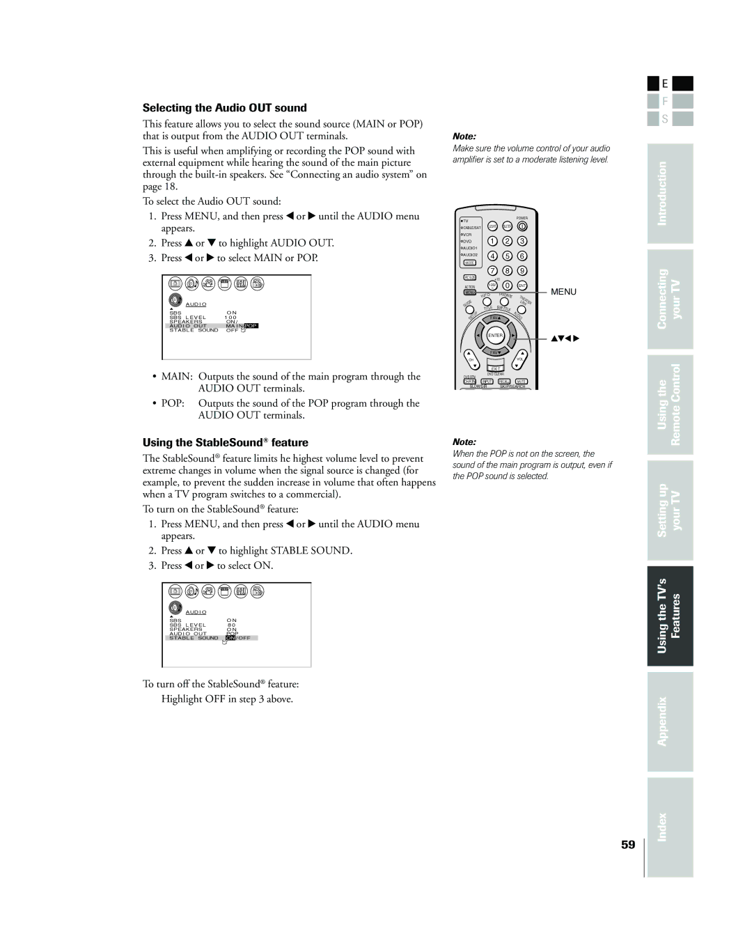 Toshiba 42HP83 owner manual Selecting the Audio OUT sound, Using the StableSound¨ feature, Appendix Index 