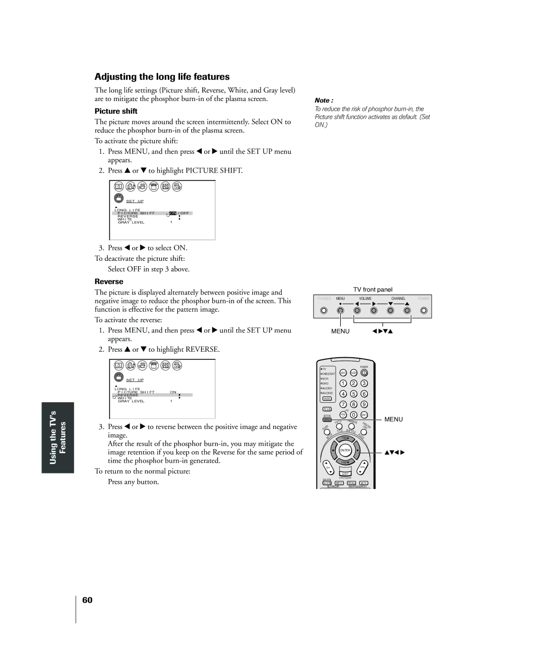 Toshiba 42HP83 owner manual Adjusting the long life features, Picture shift 