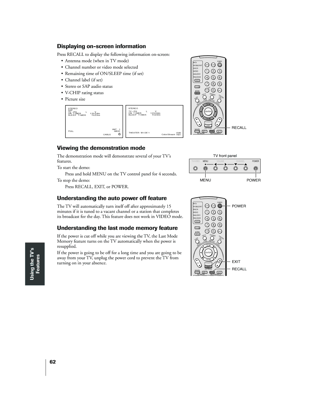 Toshiba 42HP83 Displaying on-screen information, Viewing the demonstration mode, Understanding the auto power off feature 