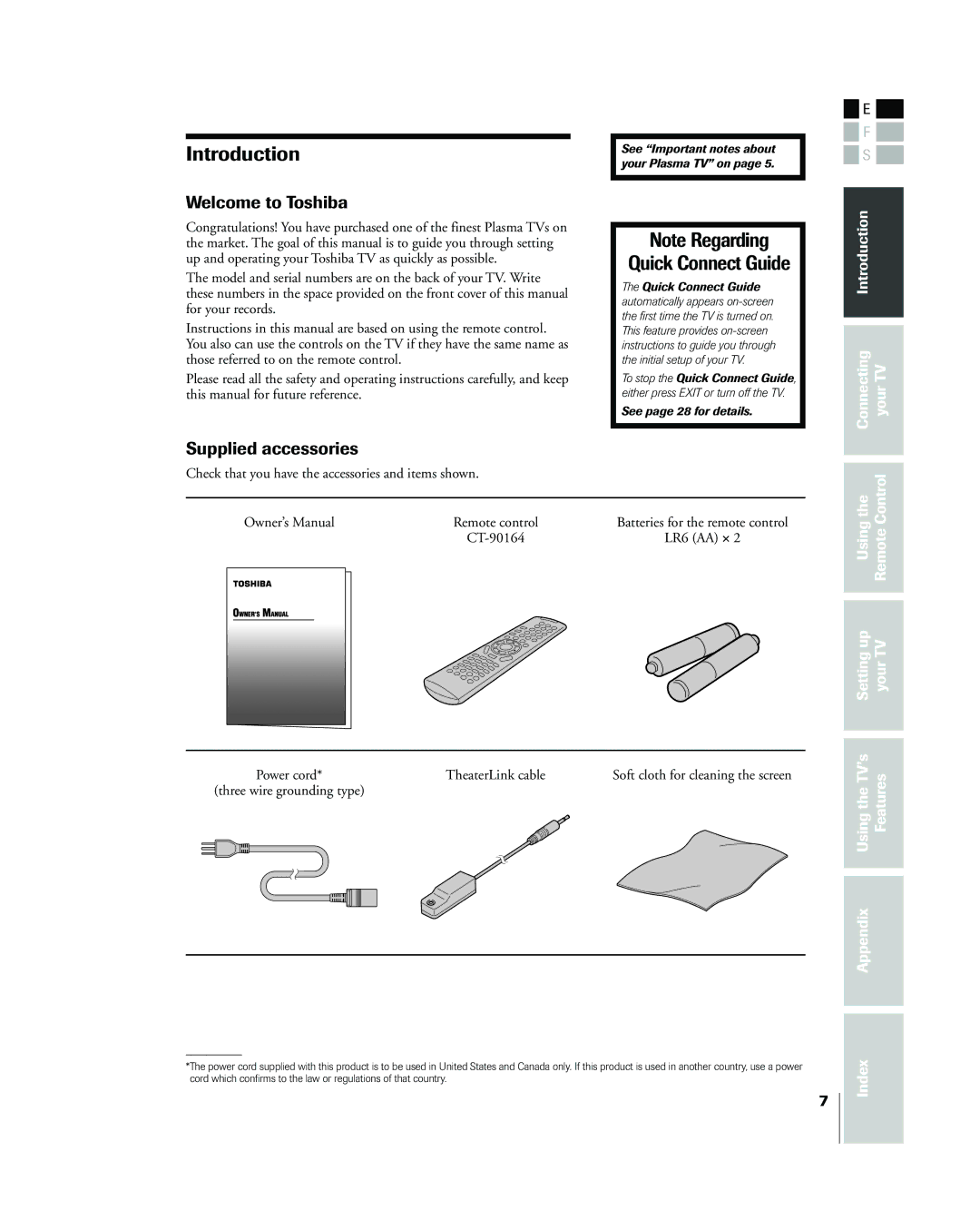 Toshiba 42HP83 owner manual Welcome to Toshiba, Supplied accessories, Introduction Connecting YourTV, TheaterLink cable 