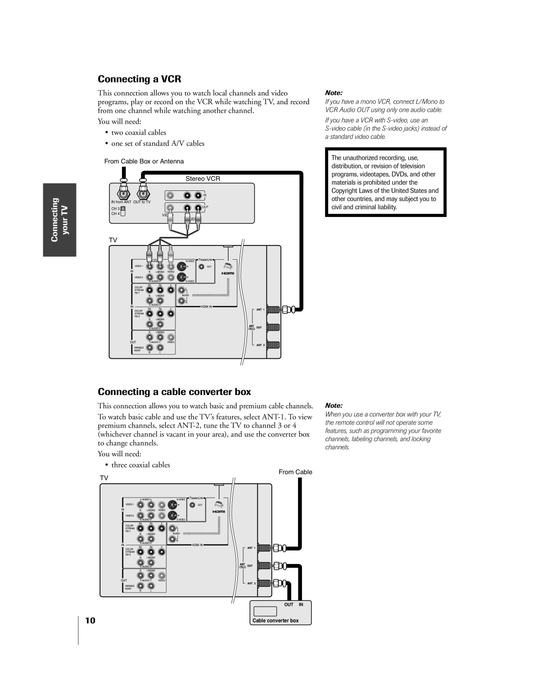 Toshiba 42HP84 owner manual Connecting a VCR, Connecting a cable converter box 