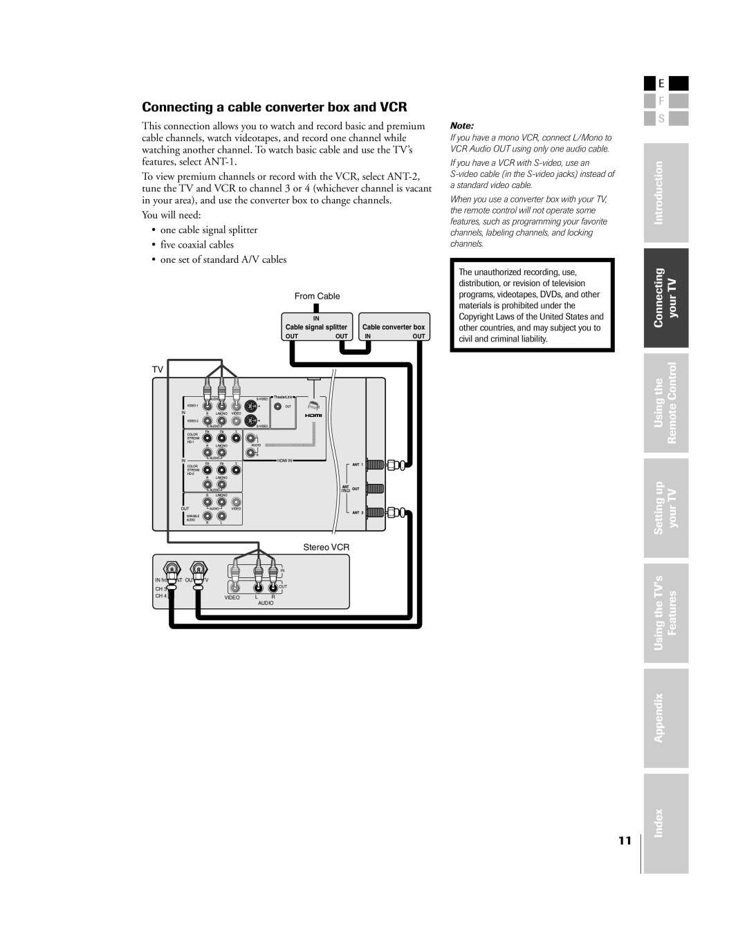 Toshiba 42HP84 owner manual Connecting a cable converter box and VCR, Appendix Index 