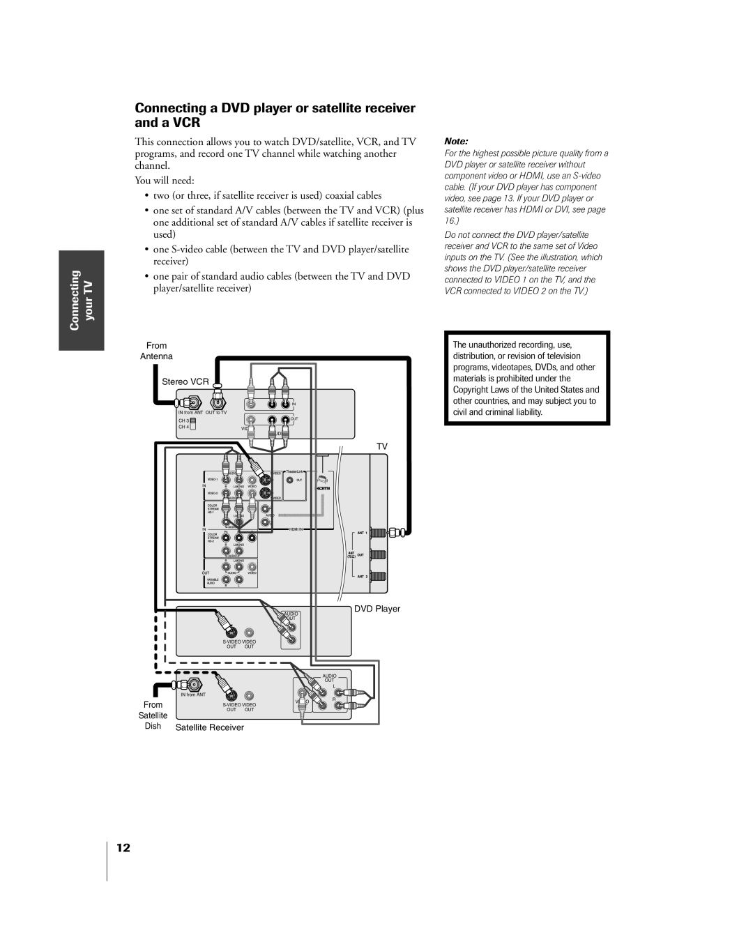 Toshiba 42HP84 owner manual Connecting a DVD player or satellite receiver and a VCR, Unauthorized recording, use 