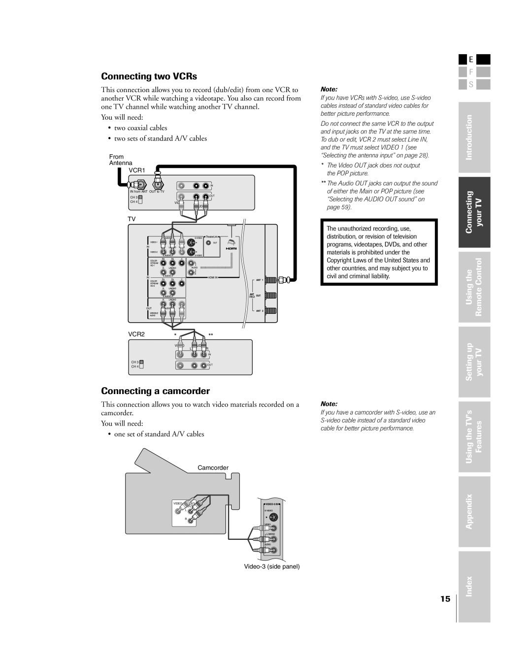 Toshiba 42HP84 owner manual Connecting two VCRs, Connecting a camcorder, Connecting YourTV Usingthe RemoteControl 