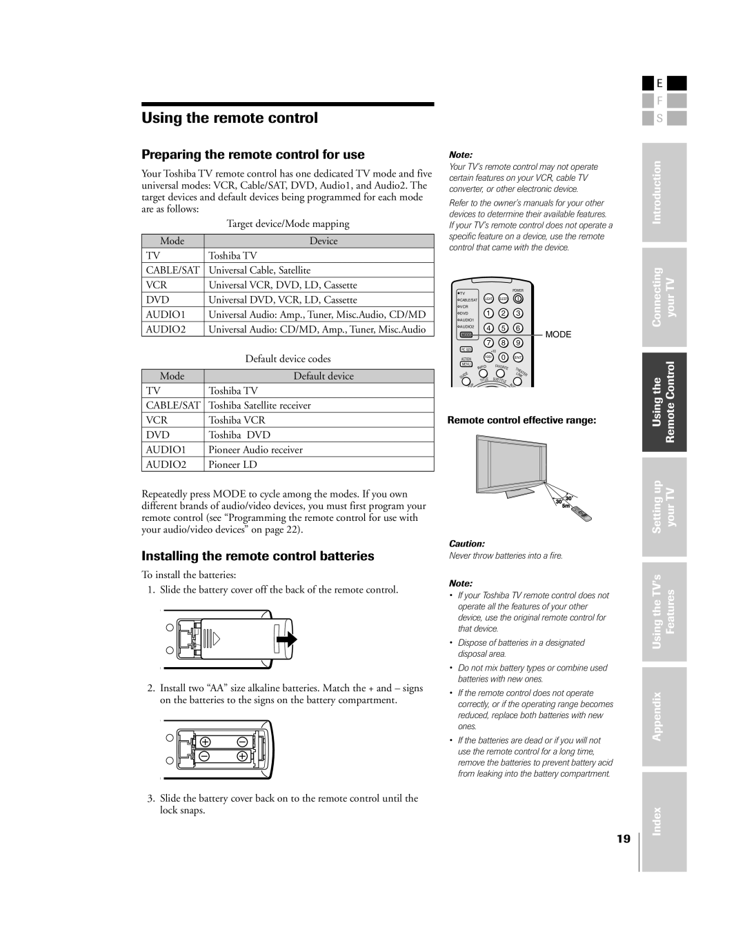 Toshiba 42HP84 owner manual Preparing the remote control for use, Installing the remote control batteries 