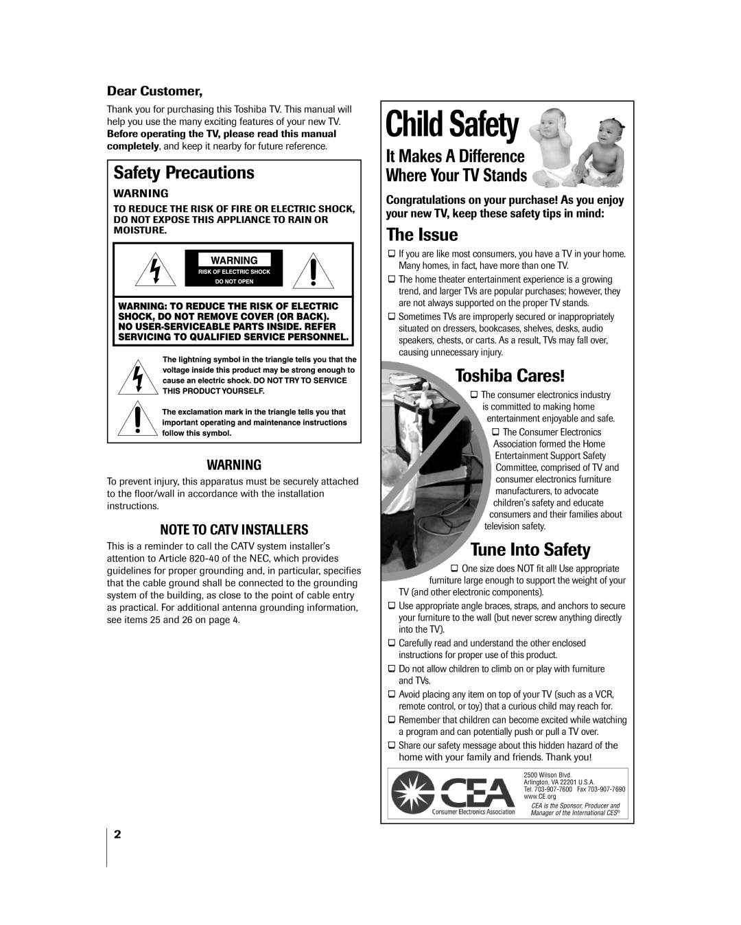 Toshiba 42HP84 owner manual Safety Precautions, Dear Customer 