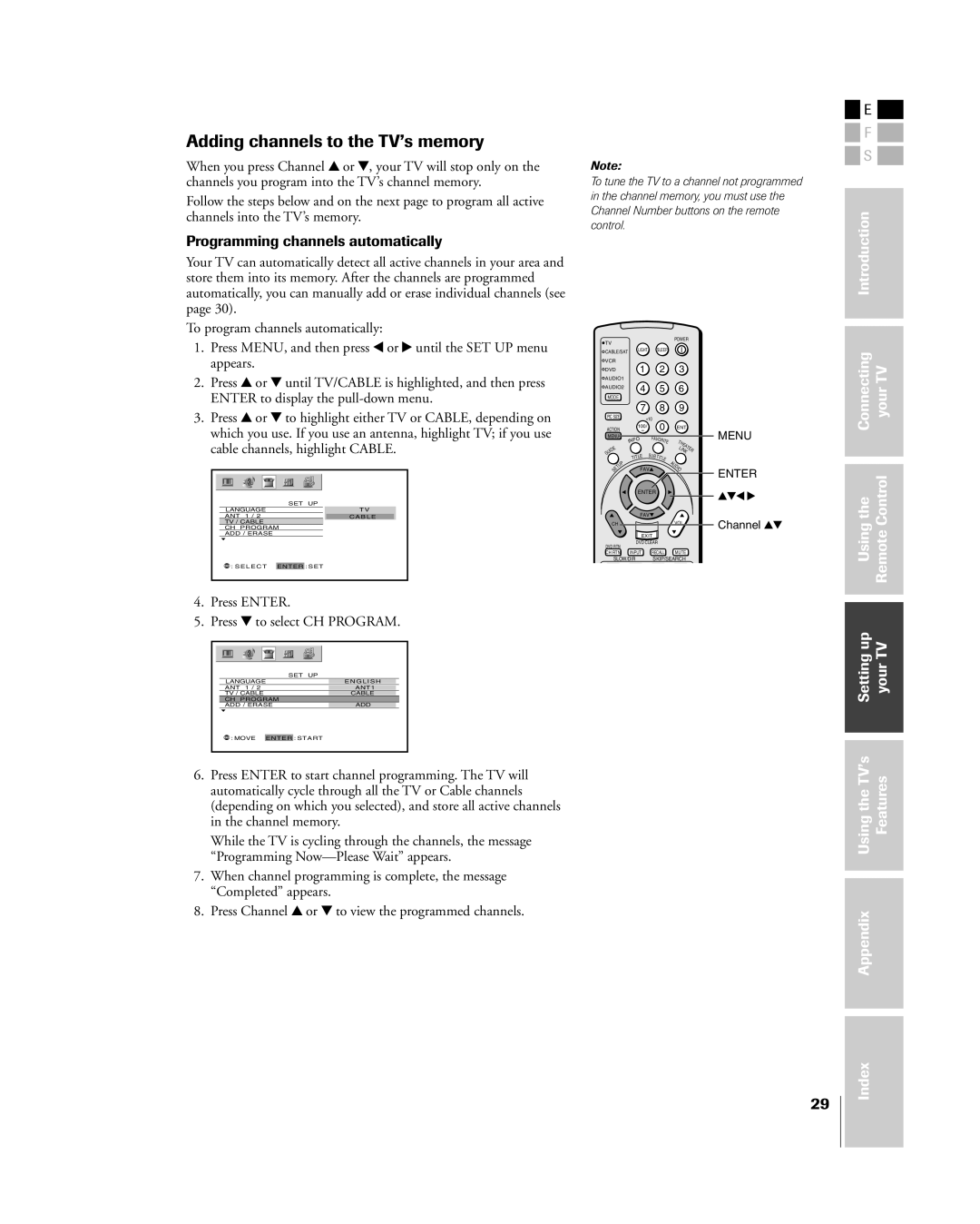 Toshiba 42HP84 owner manual Adding channels to the TVÕs memory, Programming channels automatically 