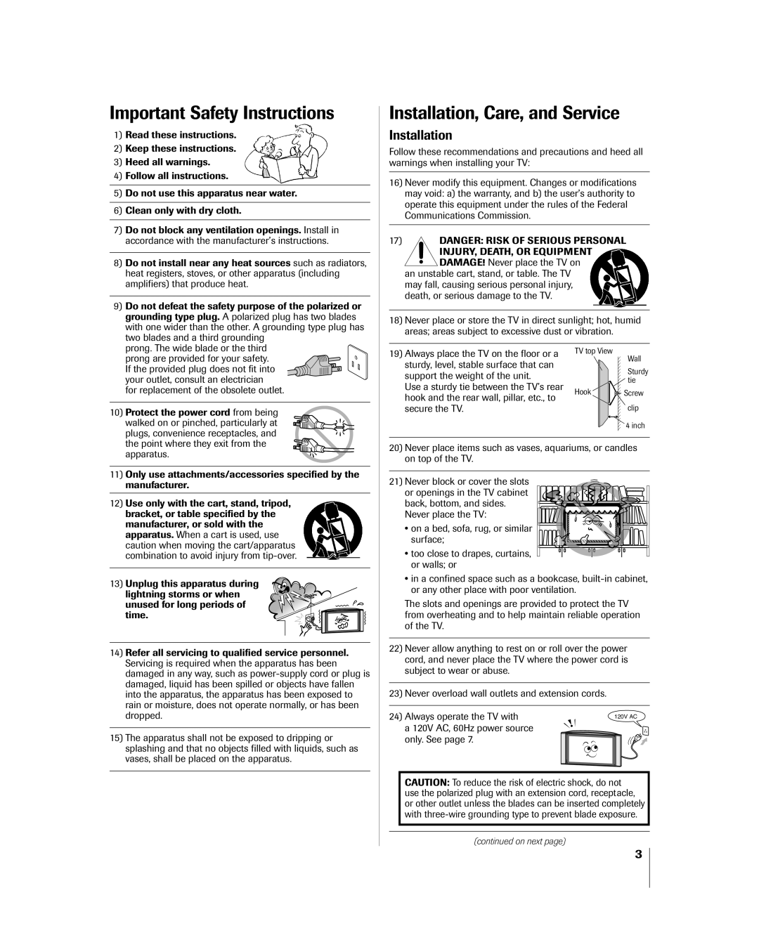 Toshiba 42HP84 owner manual Important Safety Instructions, Installation 