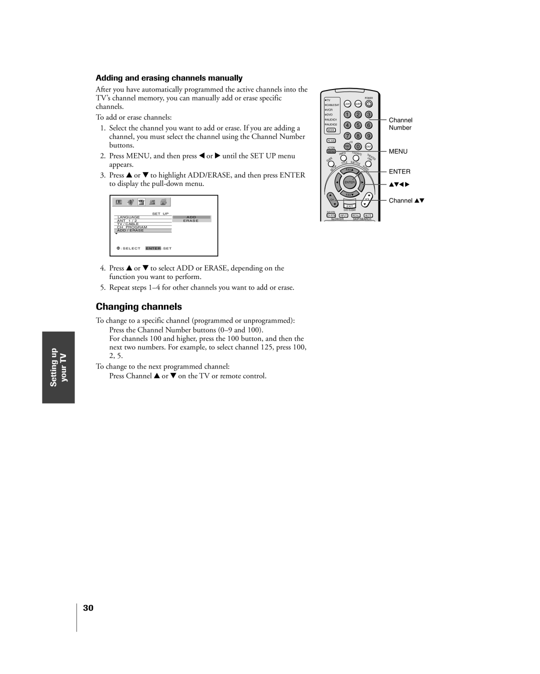 Toshiba 42HP84 owner manual Changing channels, Adding and erasing channels manually 