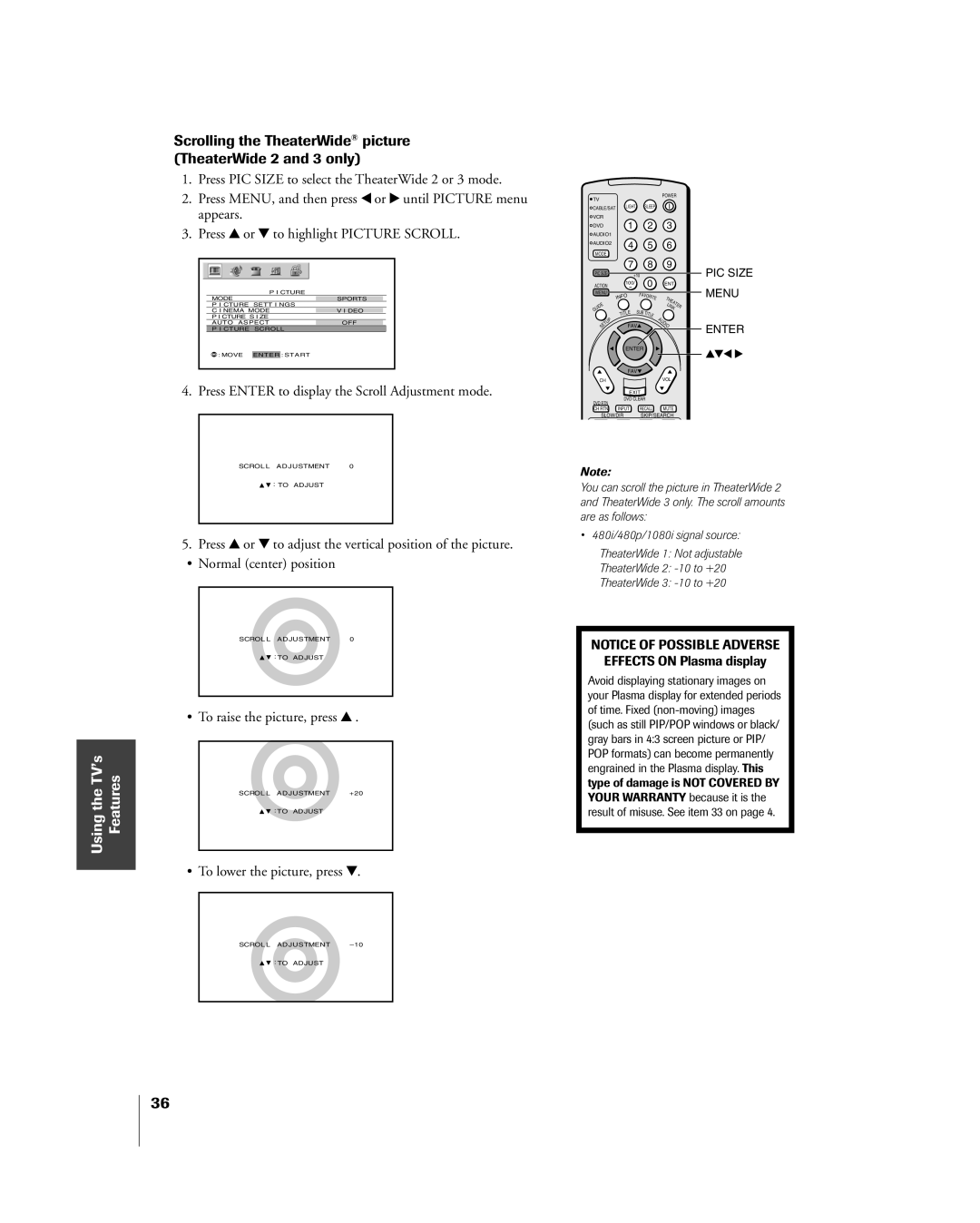 Toshiba 42HP84 owner manual Scrolling the TheaterWide¨ picture TheaterWide 2 and 3 only, ¥ To raise the picture, press y 