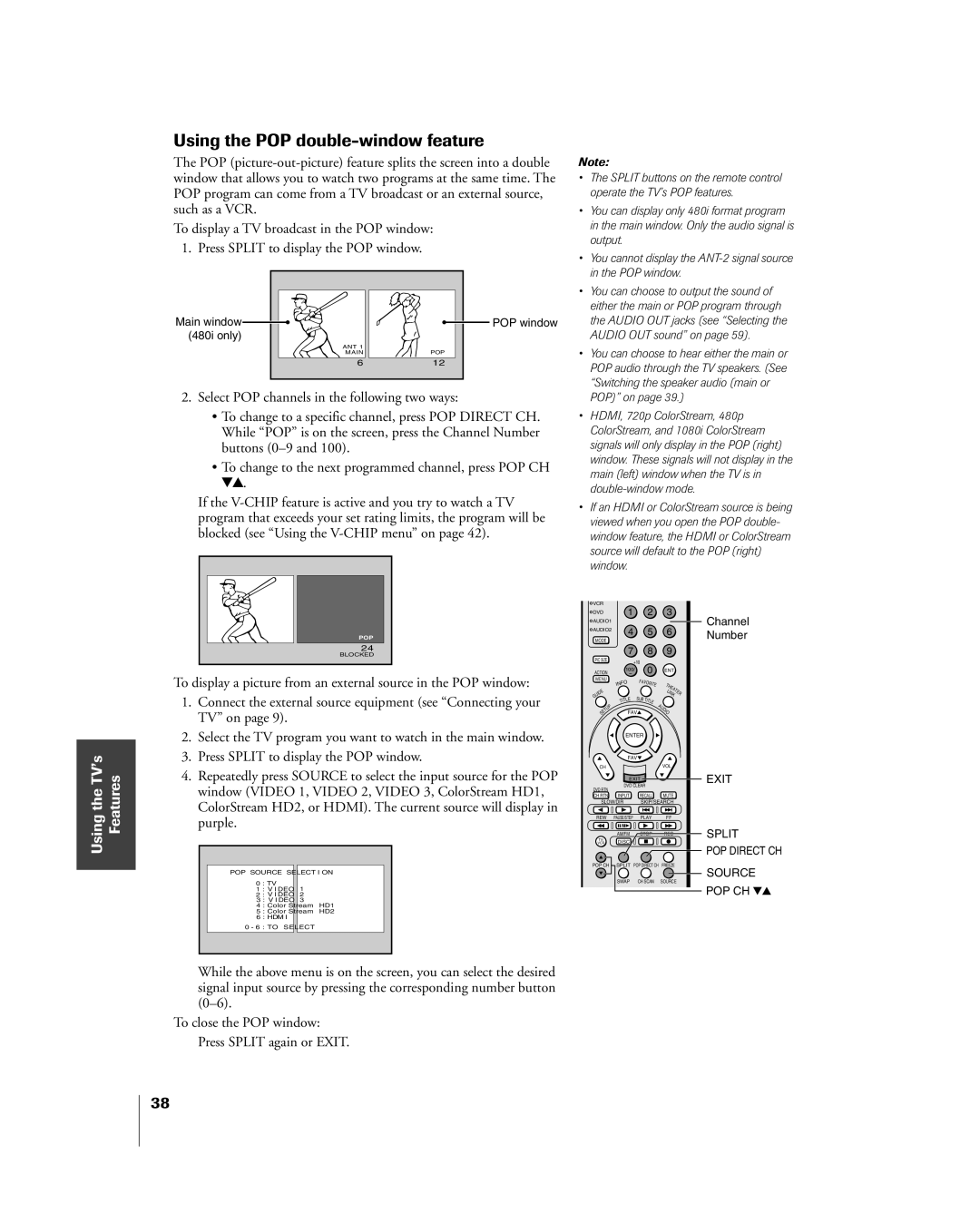 Toshiba 42HP84 owner manual Using the POP double-window feature, To close the POP window Press Split again or Exit 