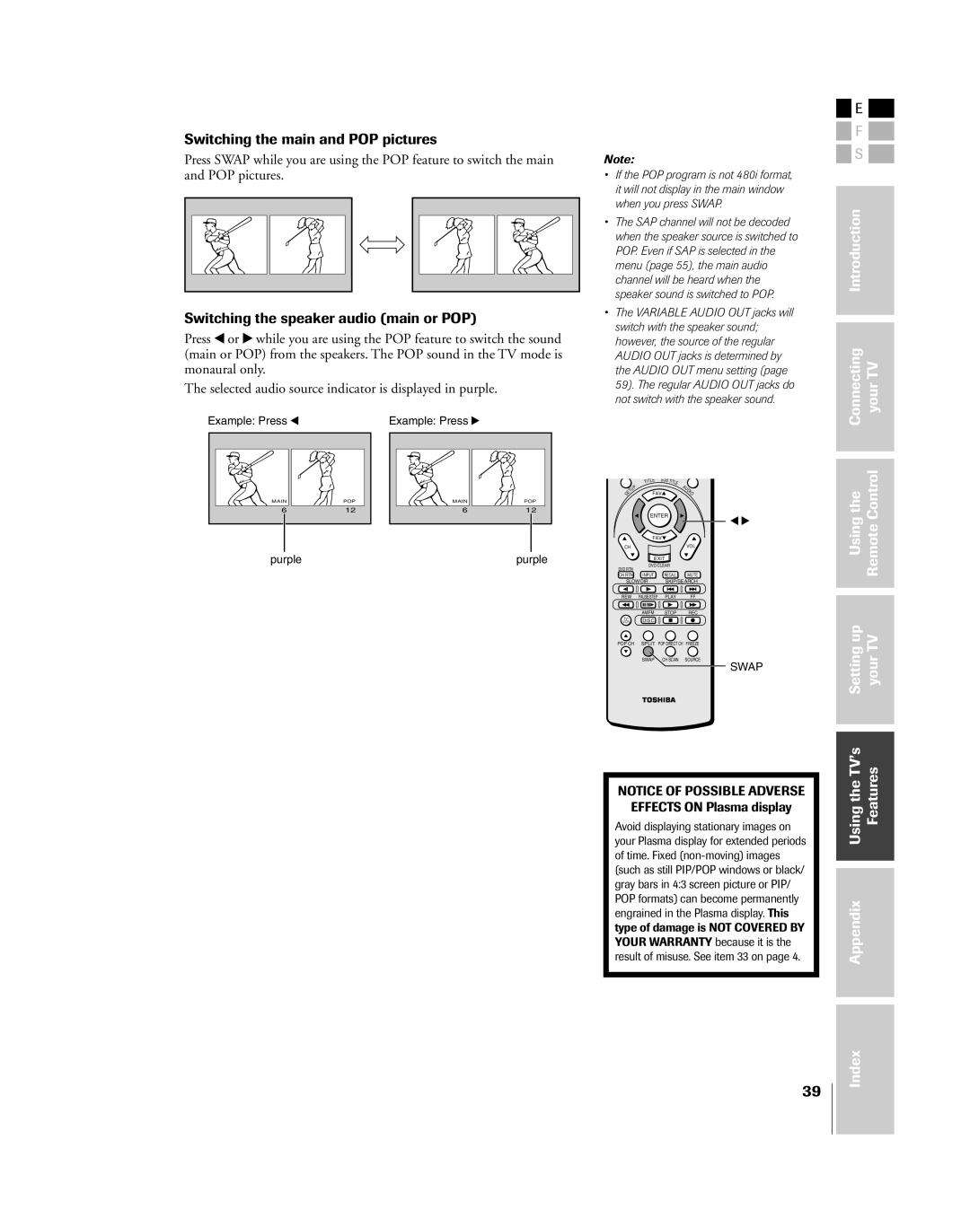 Toshiba 42HP84 owner manual Switching the main and POP pictures, Switching the speaker audio main or POP, Control 