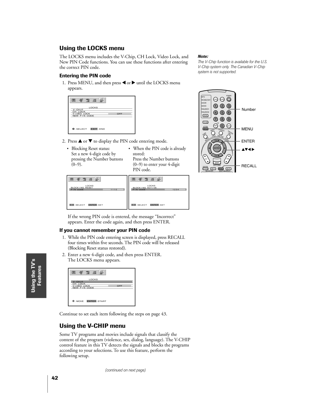 Toshiba 42HP84 Using the Locks menu, Using the V-CHIP menu, Entering the PIN code, If you cannot remember your PIN code 