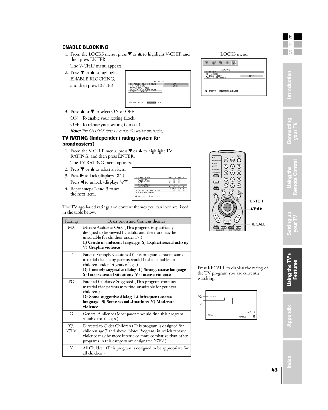 Toshiba 42HP84 TV Rating Independent rating system for broadcasters, Enable Blocking, OFF To release your setting Unlock 