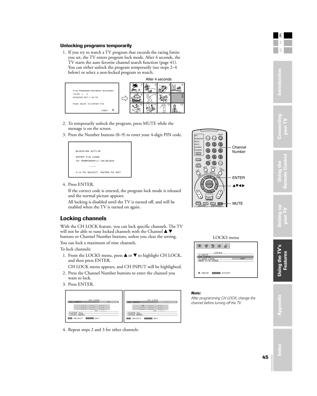 Toshiba 42HP84 Locking channels, Unlocking programs temporarily, Connecting Your Usingthe RemoteControl, Setting your 