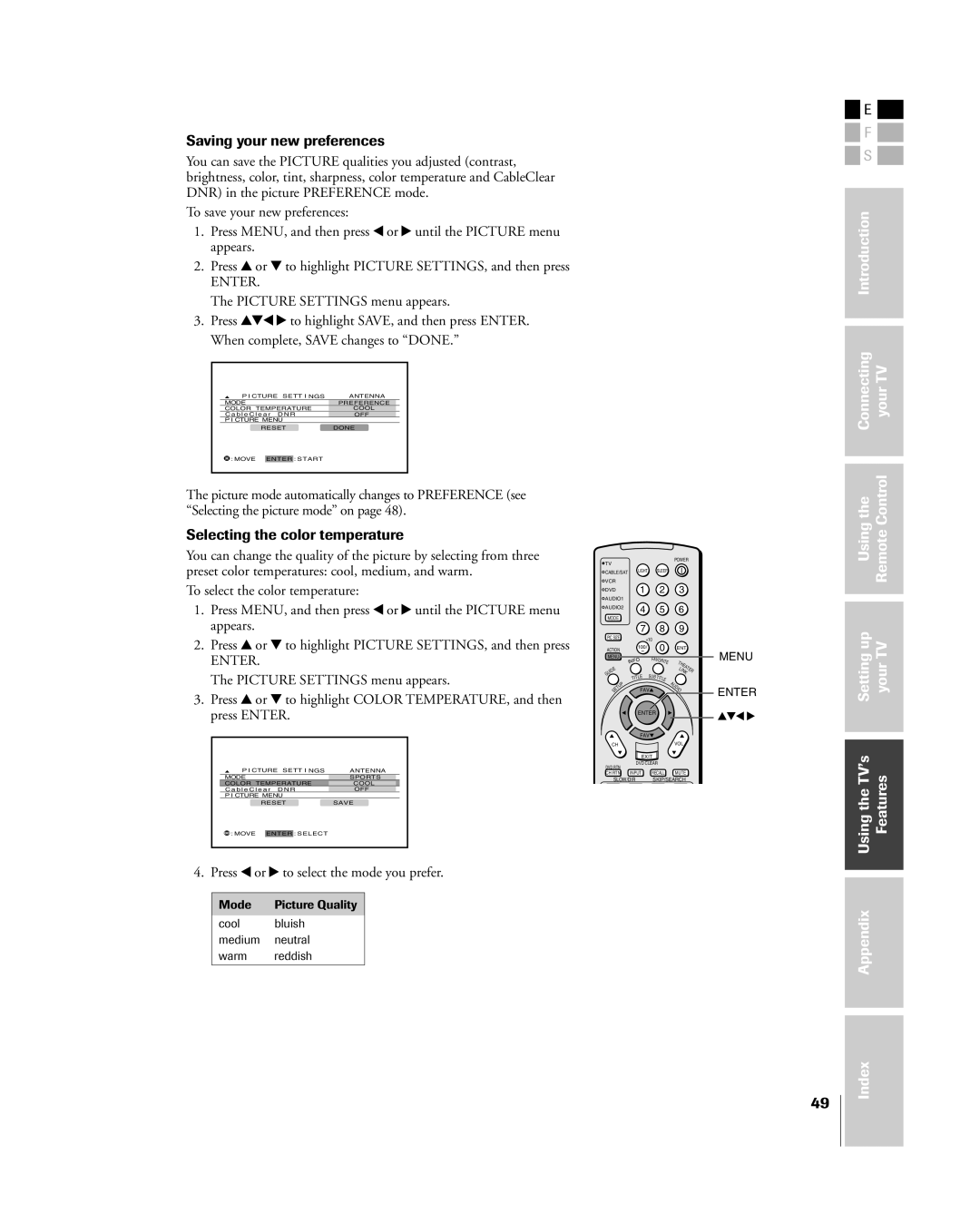 Toshiba 42HP84 Saving your new preferences, Selecting the color temperature, Press x or to select the mode you prefer 