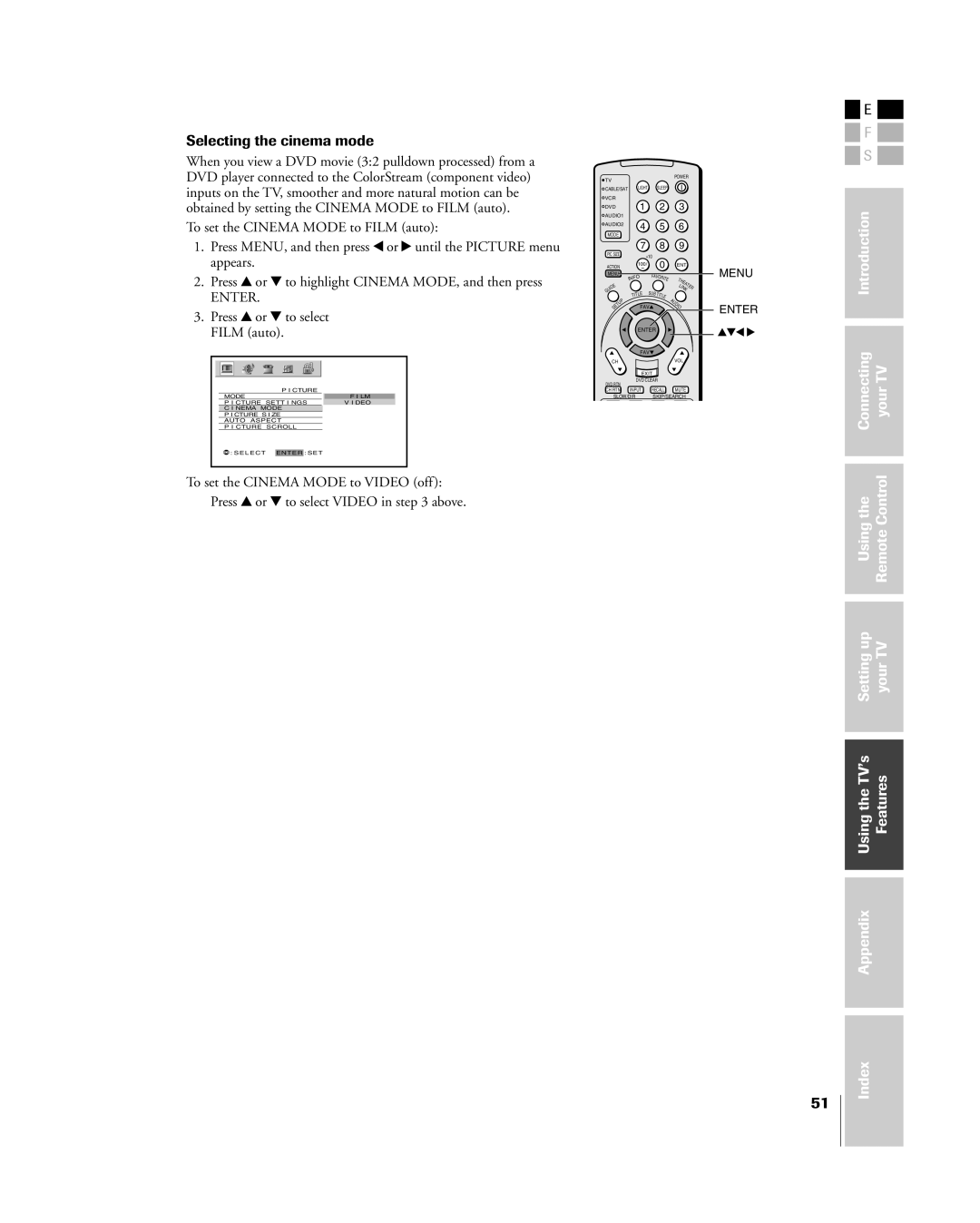 Toshiba 42HP84 owner manual Selecting the cinema mode, Press y or z to select Film auto 