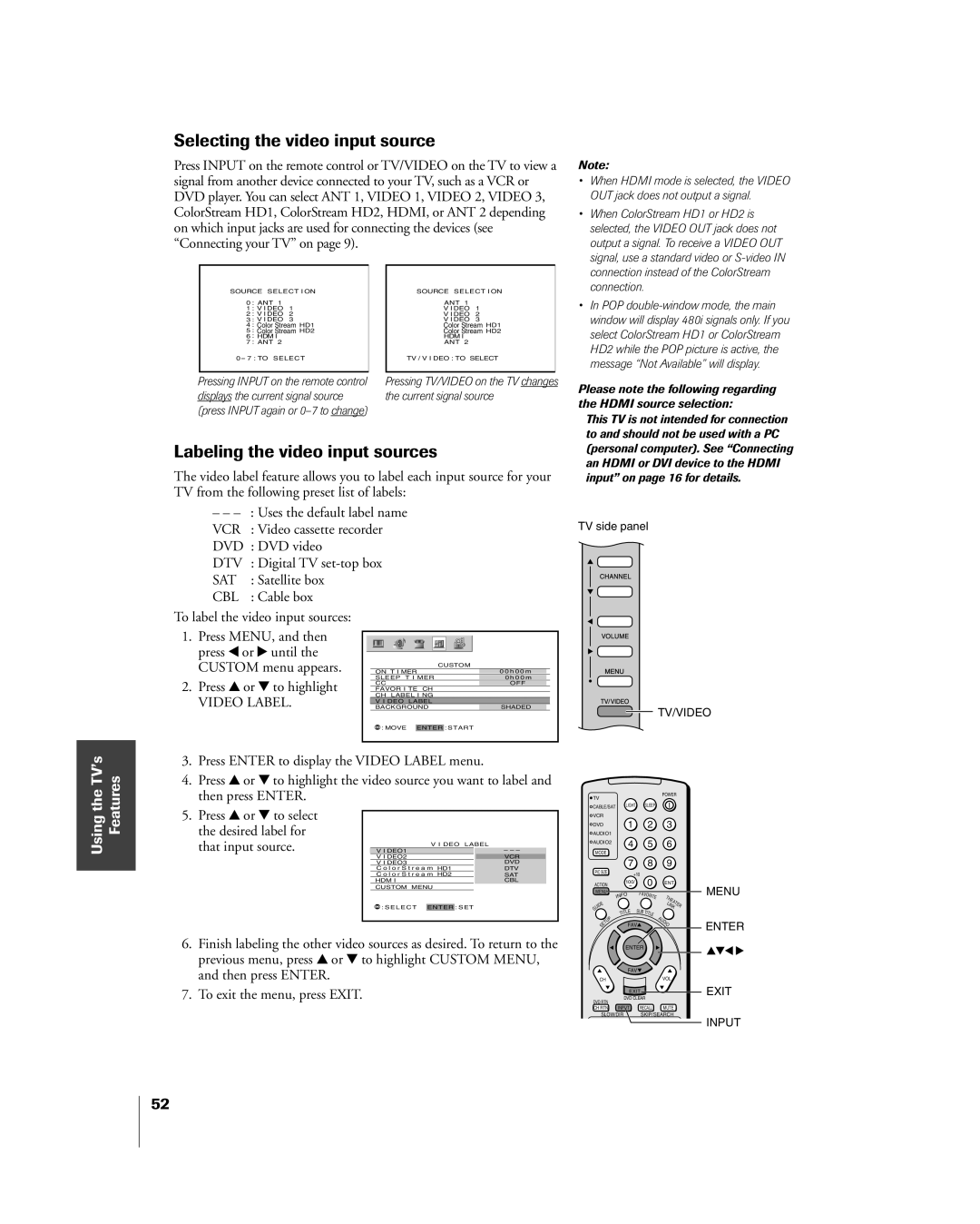 Toshiba 42HP84 owner manual Selecting the video input source, Using the TVÕs Features 