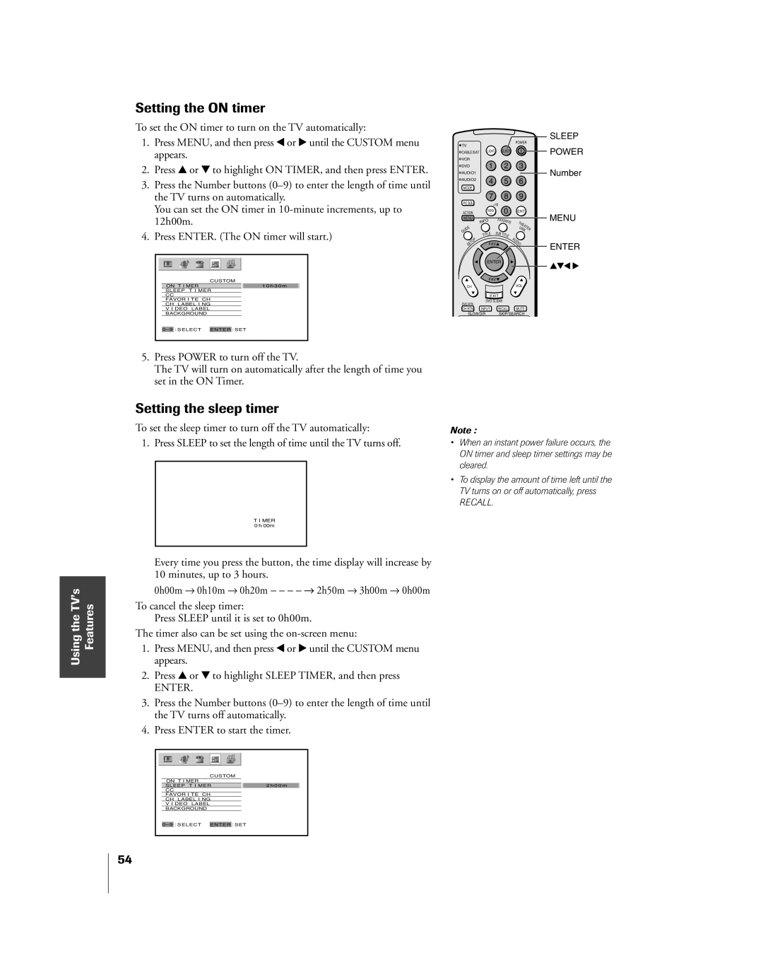 Toshiba 42HP84 owner manual Setting the on timer, Setting the sleep timer 