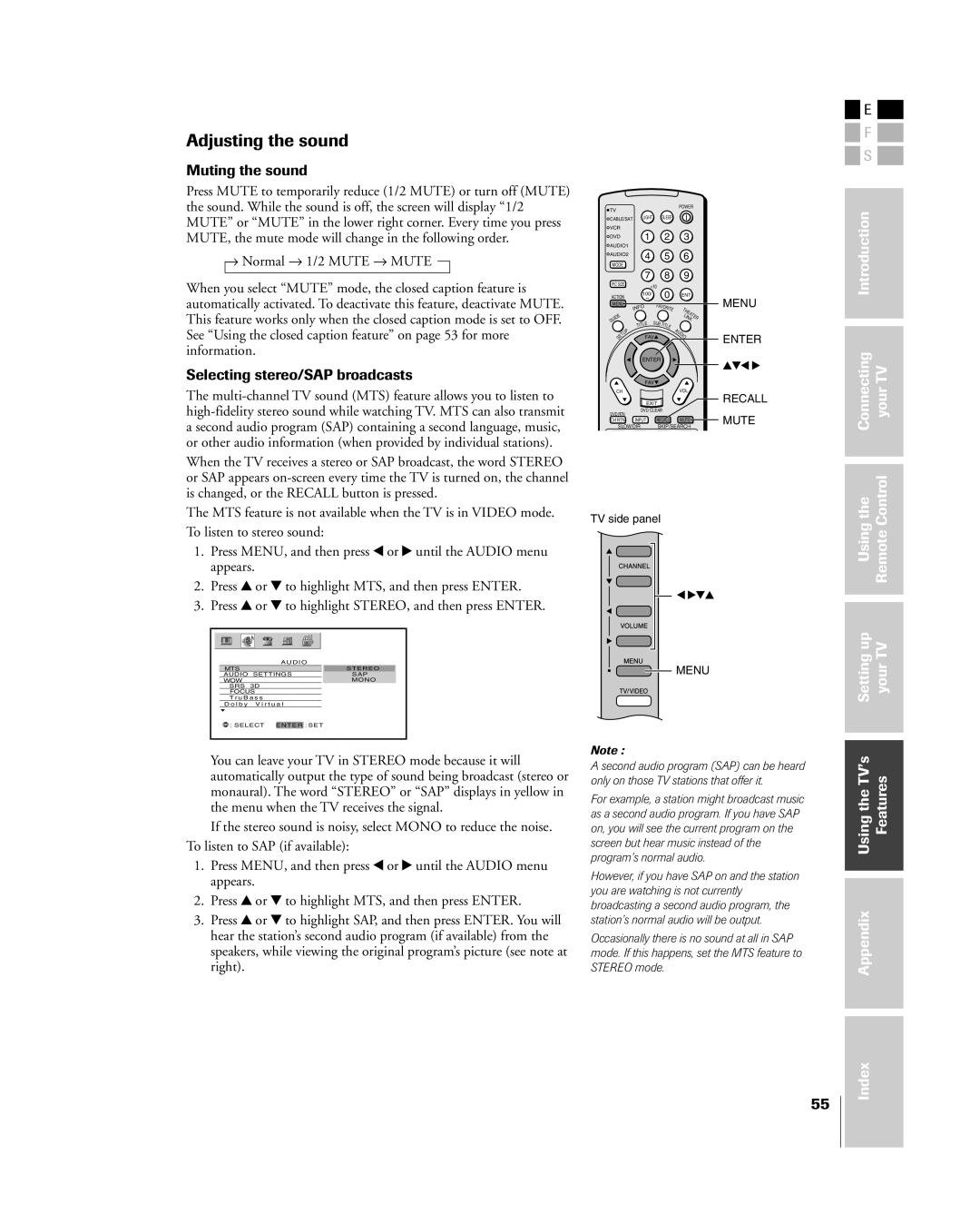 Toshiba 42HP84 owner manual Adjusting the sound, Muting the sound, Selecting stereo/SAP broadcasts 