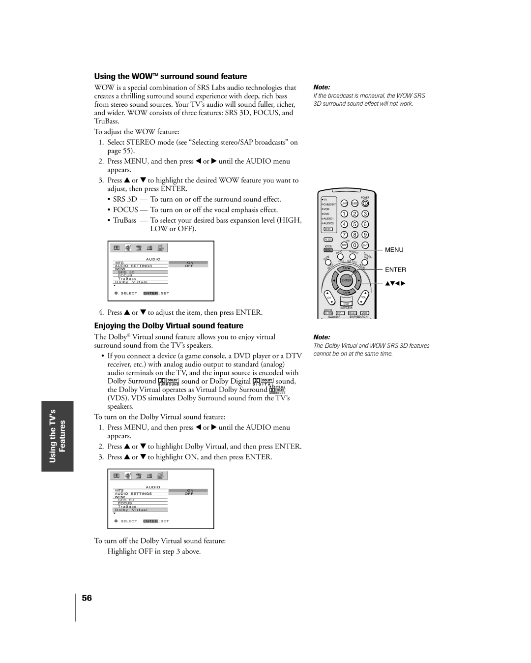 Toshiba 42HP84 owner manual Using the WOWª surround sound feature, Enjoying the Dolby Virtual sound feature 