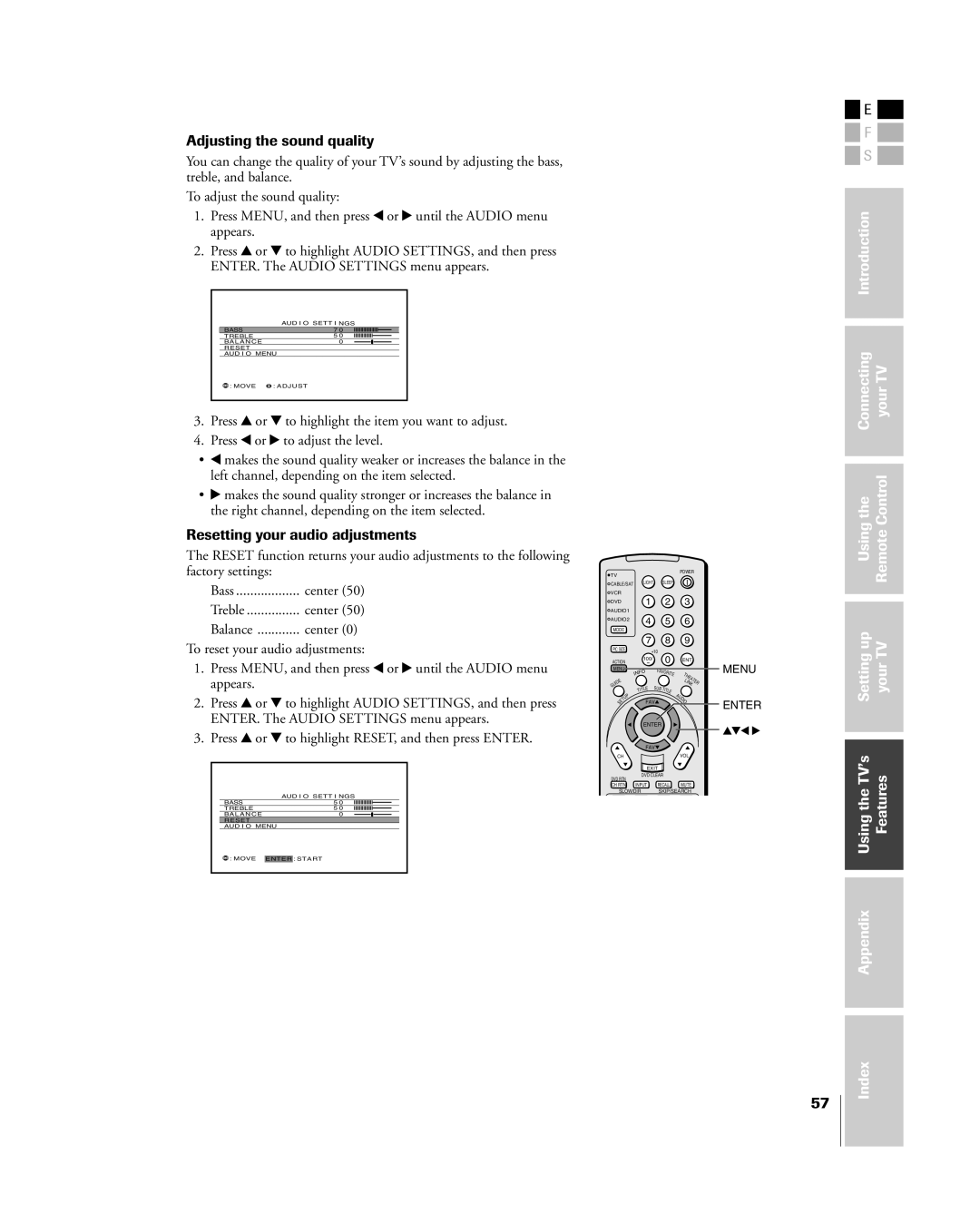 Toshiba 42HP84 owner manual Adjusting the sound quality, Resetting your audio adjustments 