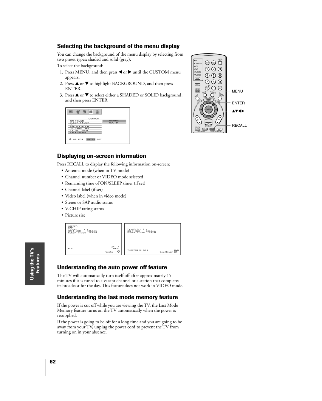 Toshiba 42HP84 owner manual Selecting the background of the menu display, Displaying on-screen information 