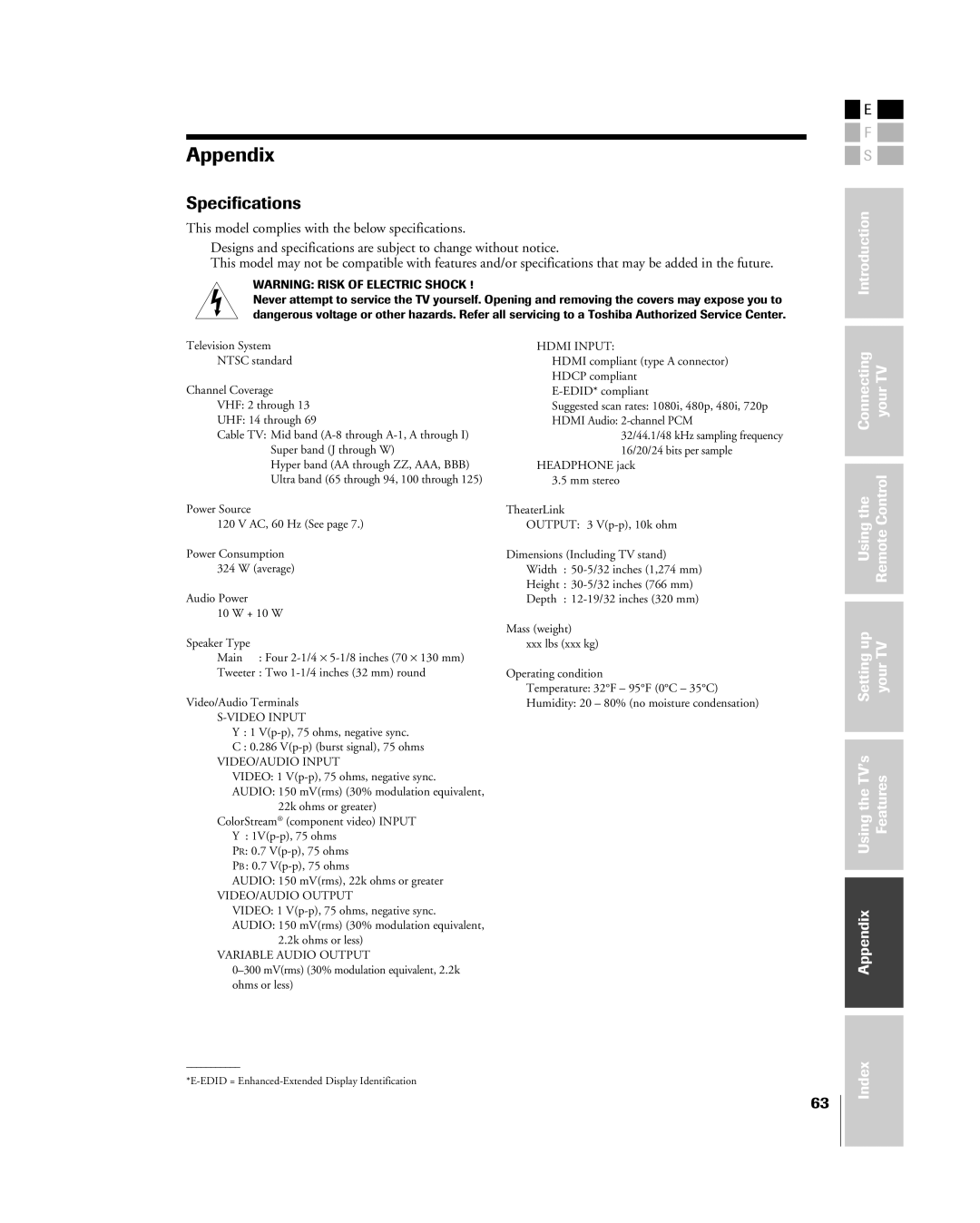 Toshiba 42HP84 owner manual Appendix, Specifications 