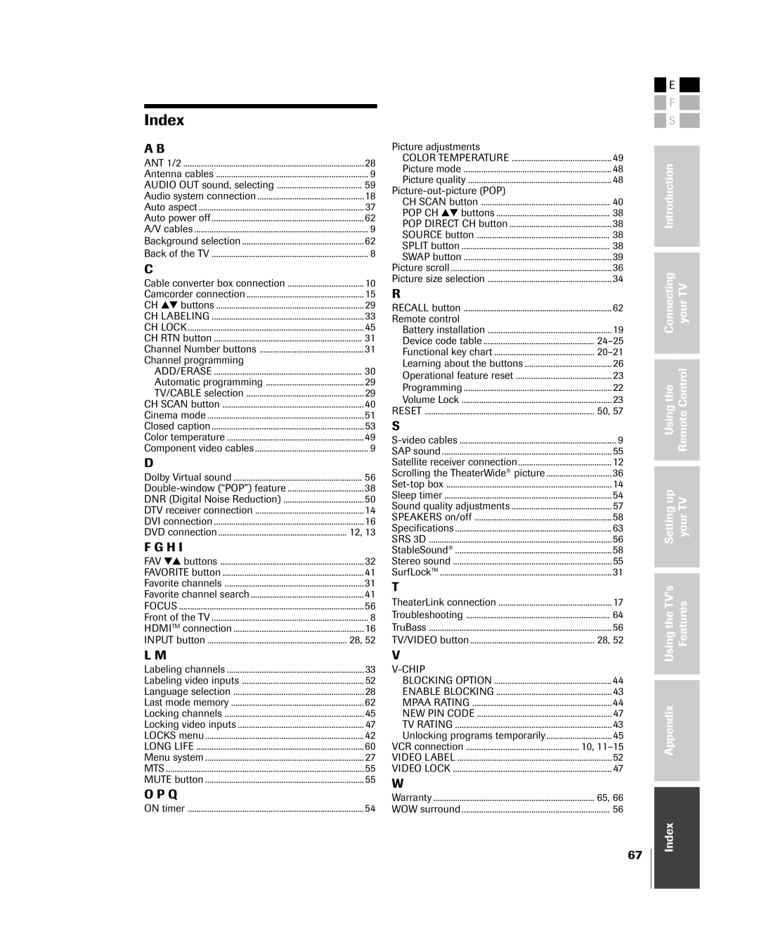 Toshiba 42HP84 owner manual Index 