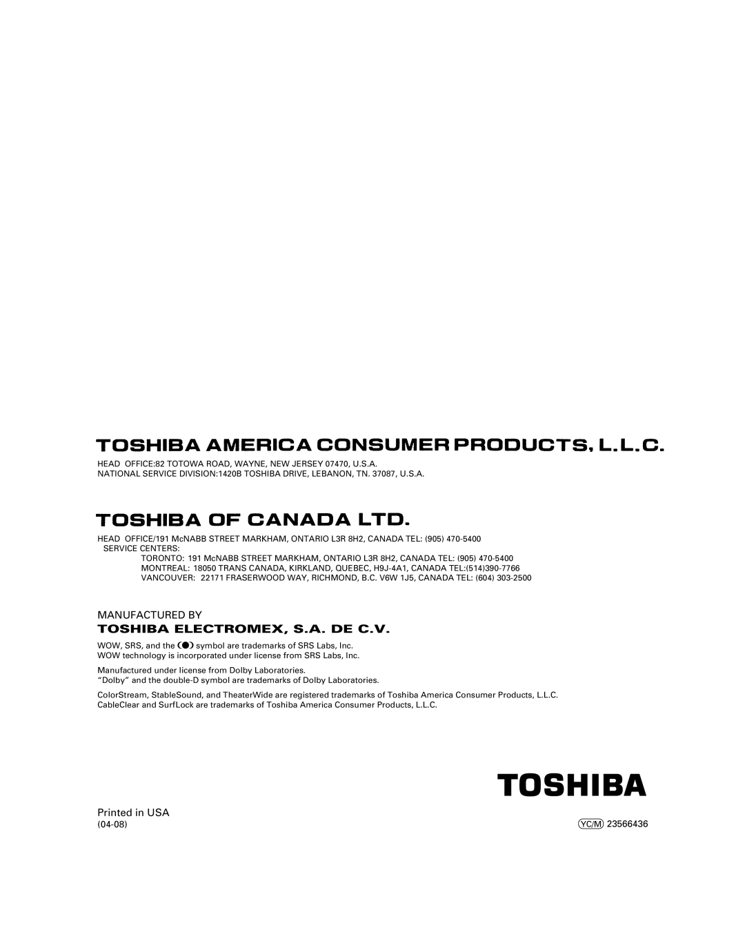 Toshiba 42HP84 owner manual Toshiba ELECTROMEX, S.A. DE C.V 