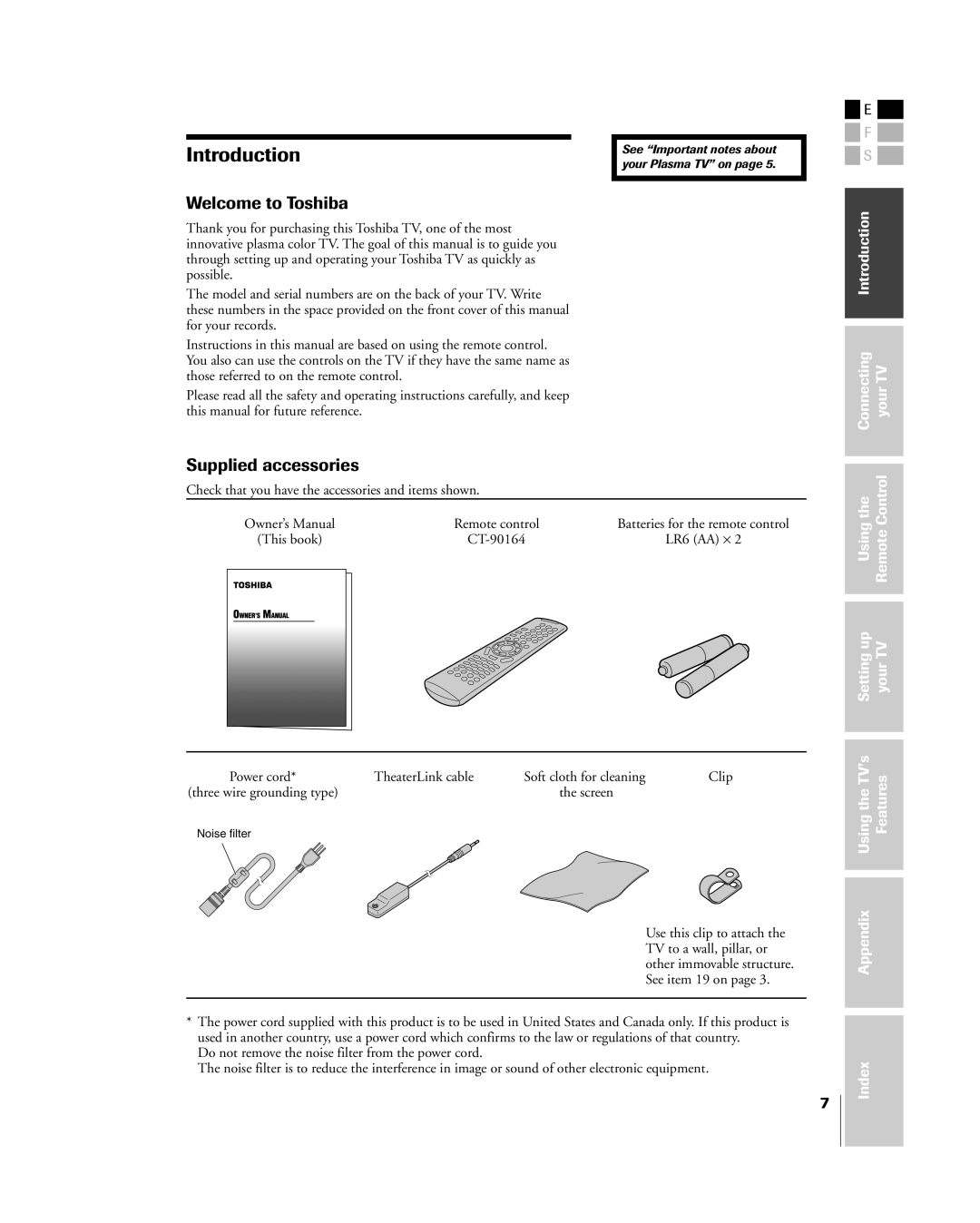 Toshiba 42HP84 owner manual Welcome to Toshiba, Supplied accessories, Introduction Connecting your TV 