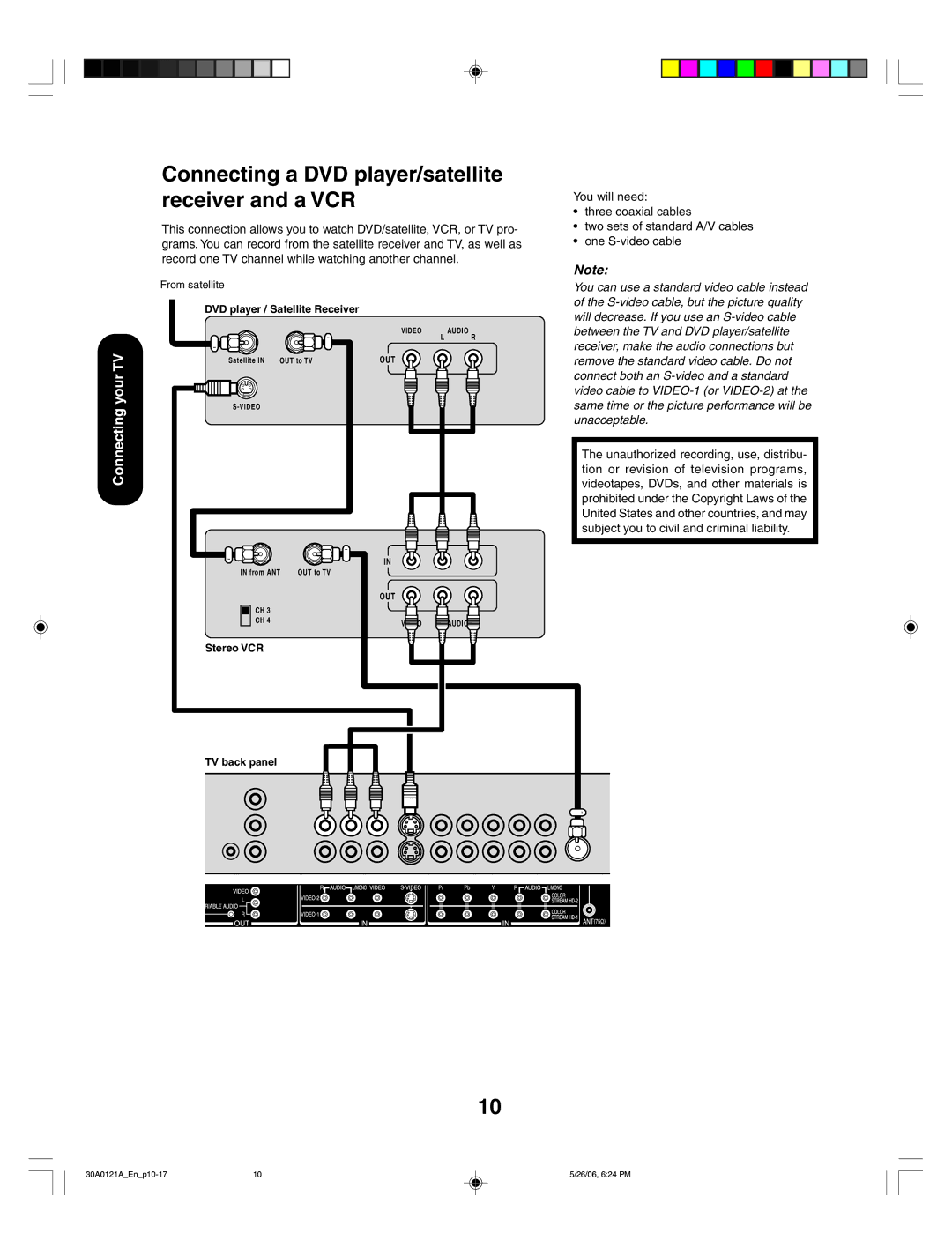 Toshiba 42HP86, 50HP86 appendix Connecting a DVD player/satellite receiver and a VCR 